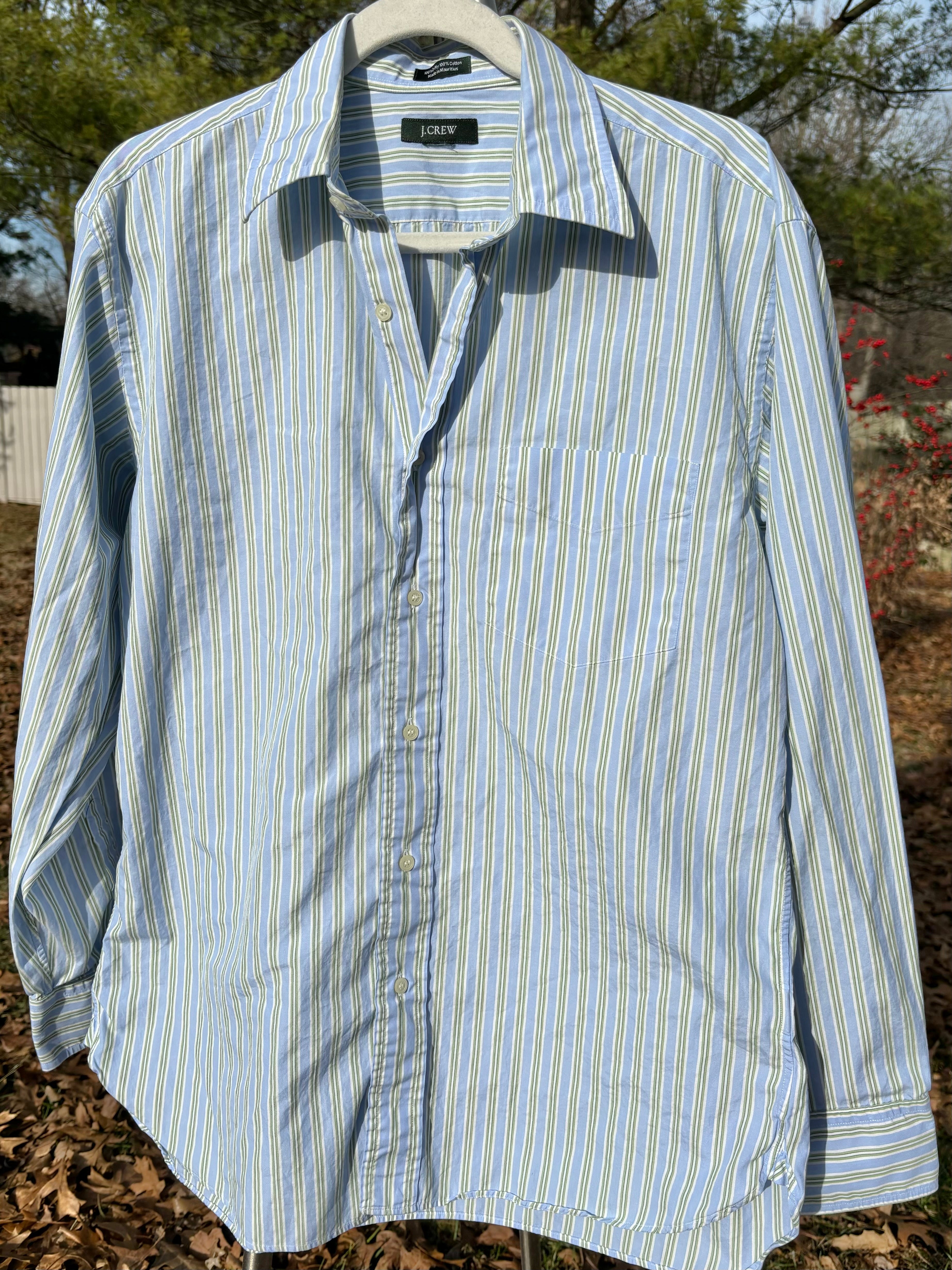 J CREW: PALE BLUE & LIGHT GREEN STRIPED BUTTON DOWN