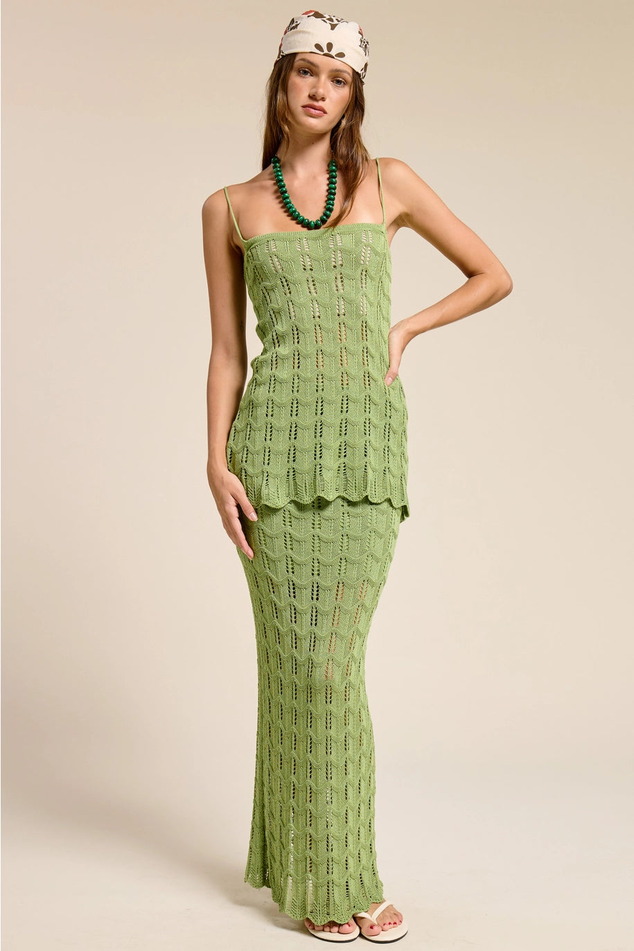 AVOCADO SCALLOPED CROCHET MAXI SKIRT