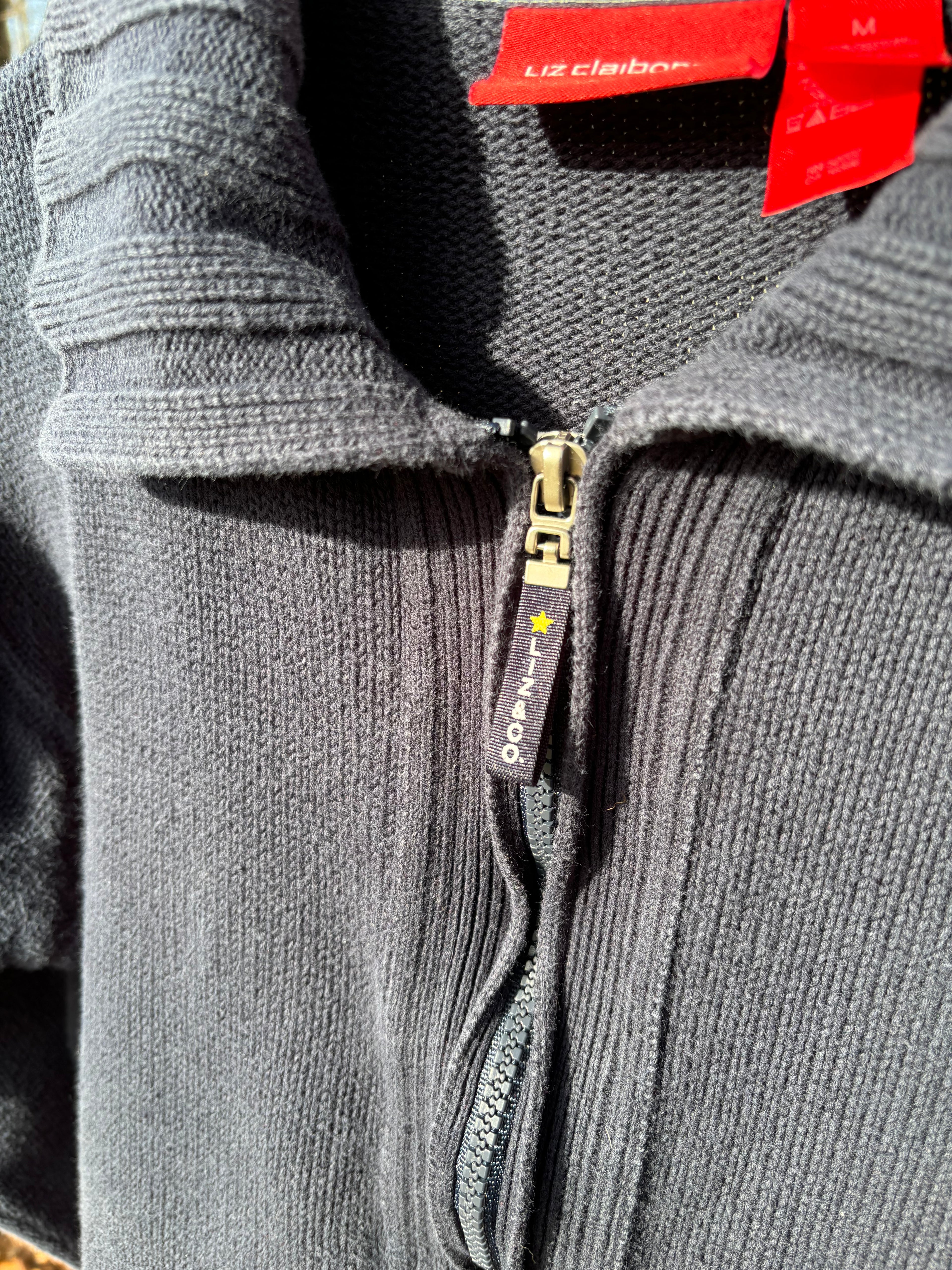 LIZ CLAIBORNE: KNIT COLLARED NAVY SLIGHTLY CROPPED SWEATER JACKET