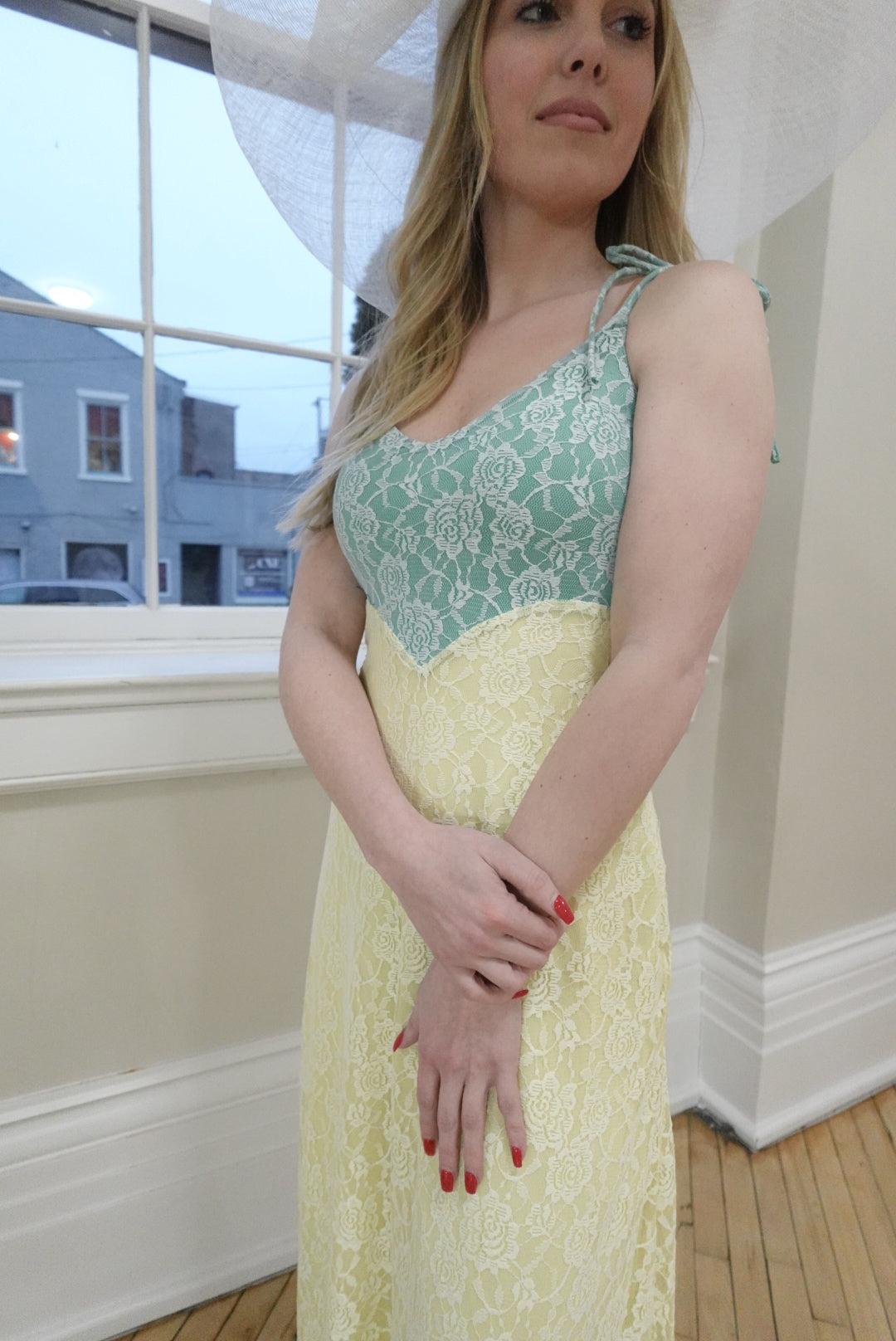 CELESTE AURORA PALE YELLOW & BLUE LACE DRESS Monhegans CELESTE AURORA PALE YELLOW & BLUE LACE DRESS Monhegans
