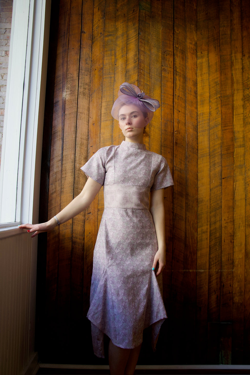 LAVENDER TULIP HIGH TO LOW HEM HIGH NECK SHORT SLEEVED JAPANESE DRESS