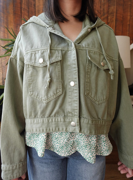 OLIVE WASHED COTTON ARMY HOODIE JACKET