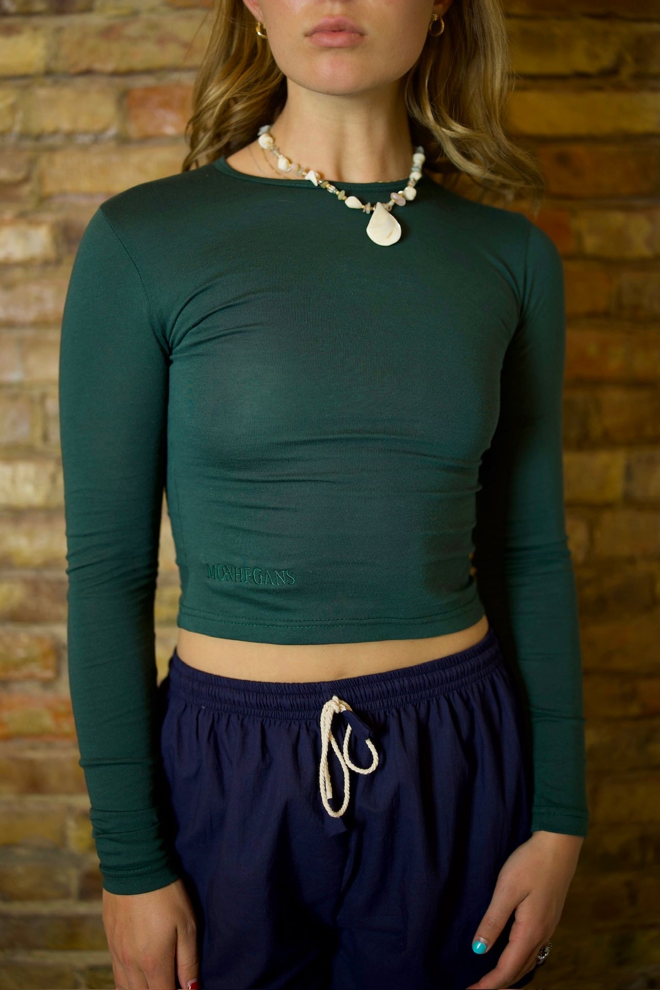 HUNTER GREEN PERFECT COTTON FITTED EMBROIDERED LONG SLEEVE