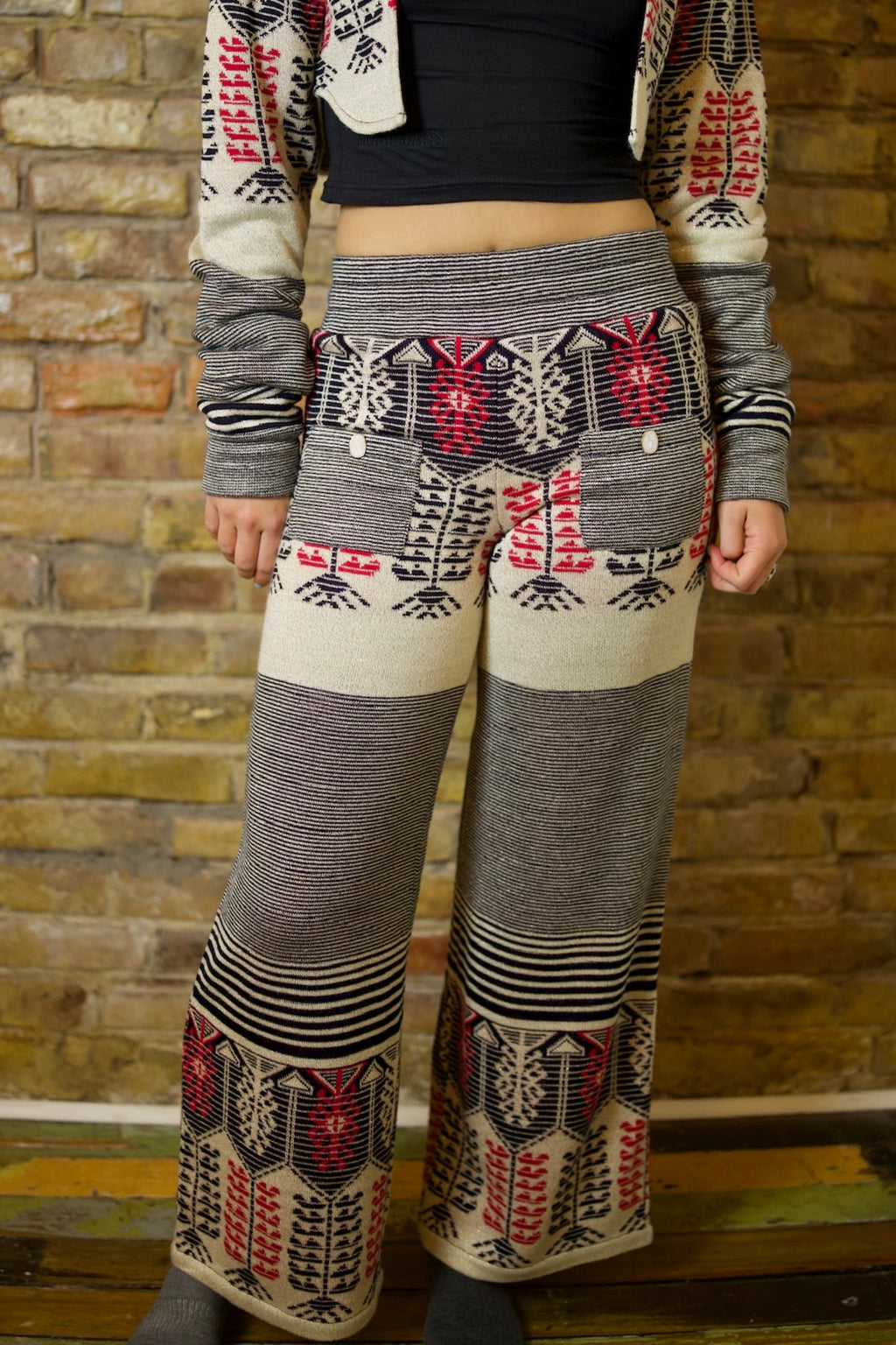 MULTI STRIPE/ TRIBAL WIDE LEG COTTON TROUSERS WITH POCKET PEARL BUTTON