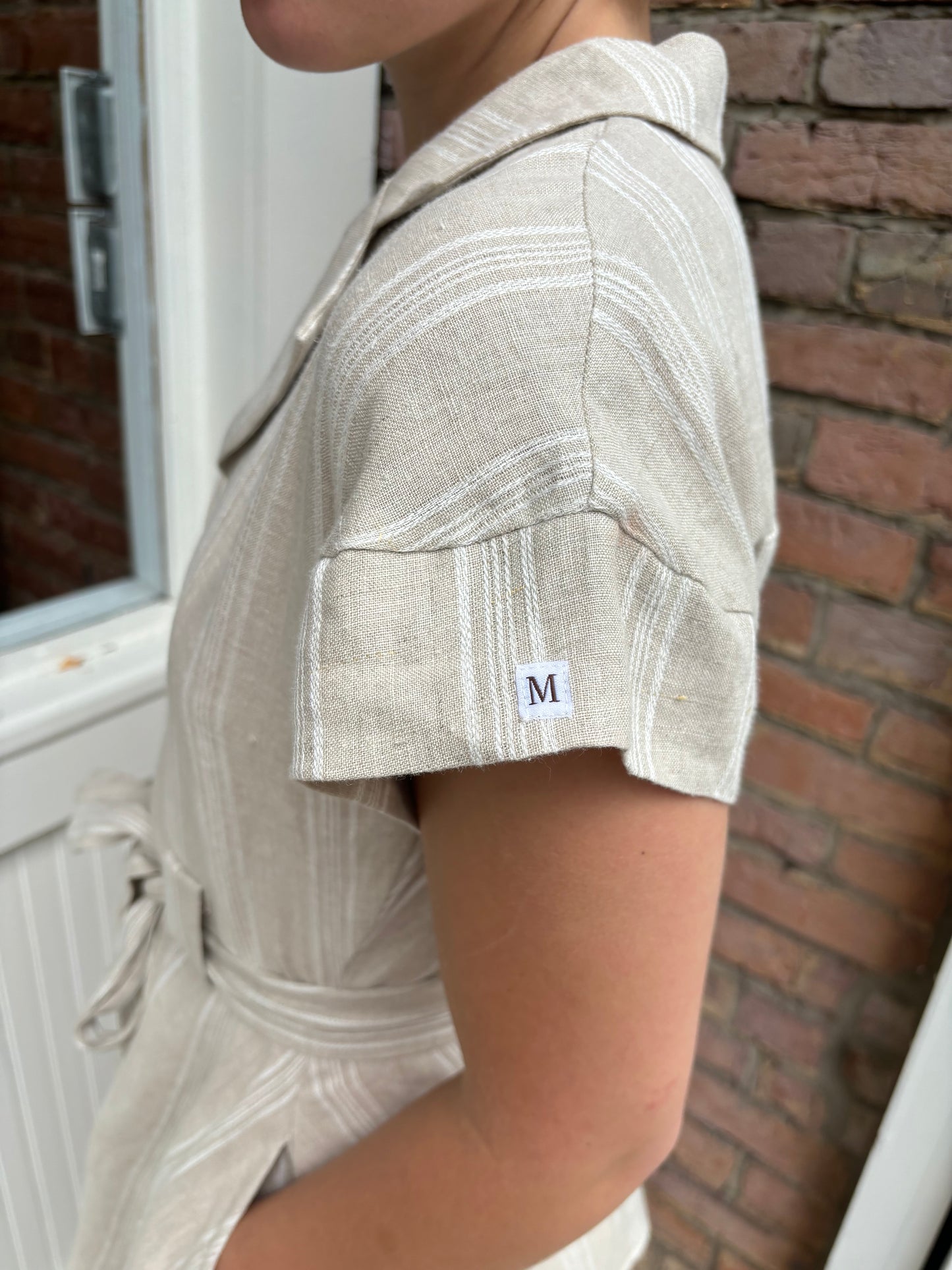 MABEL BEIGE & WHITE LINEN STRIPED BUTTONDOWN TIE DRESS