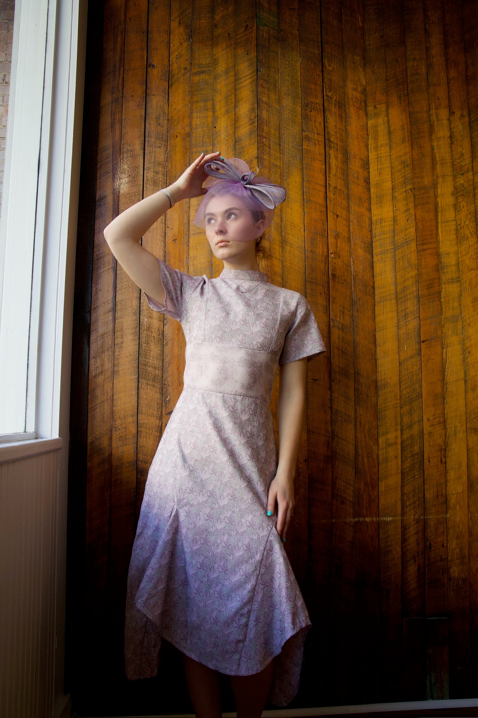 LAVENDER TULIP HIGH TO LOW HEM HIGH NECK SHORT SLEEVED JAPANESE DRESS