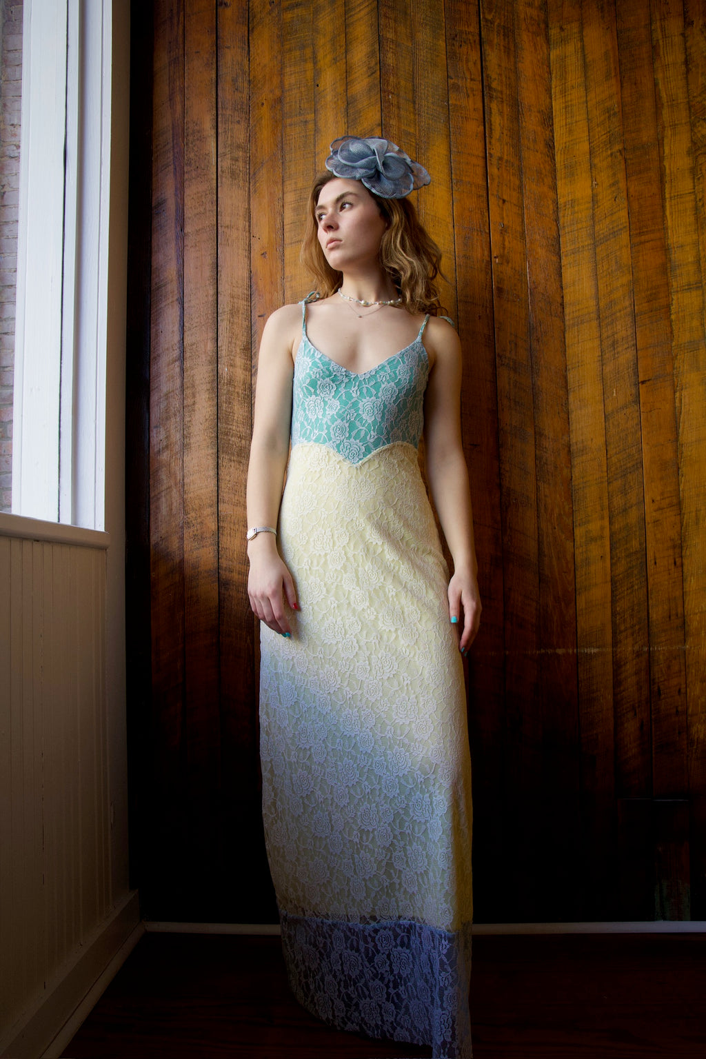 CELESTE AURORA PALE YELLOW & BLUE LACE DRESS