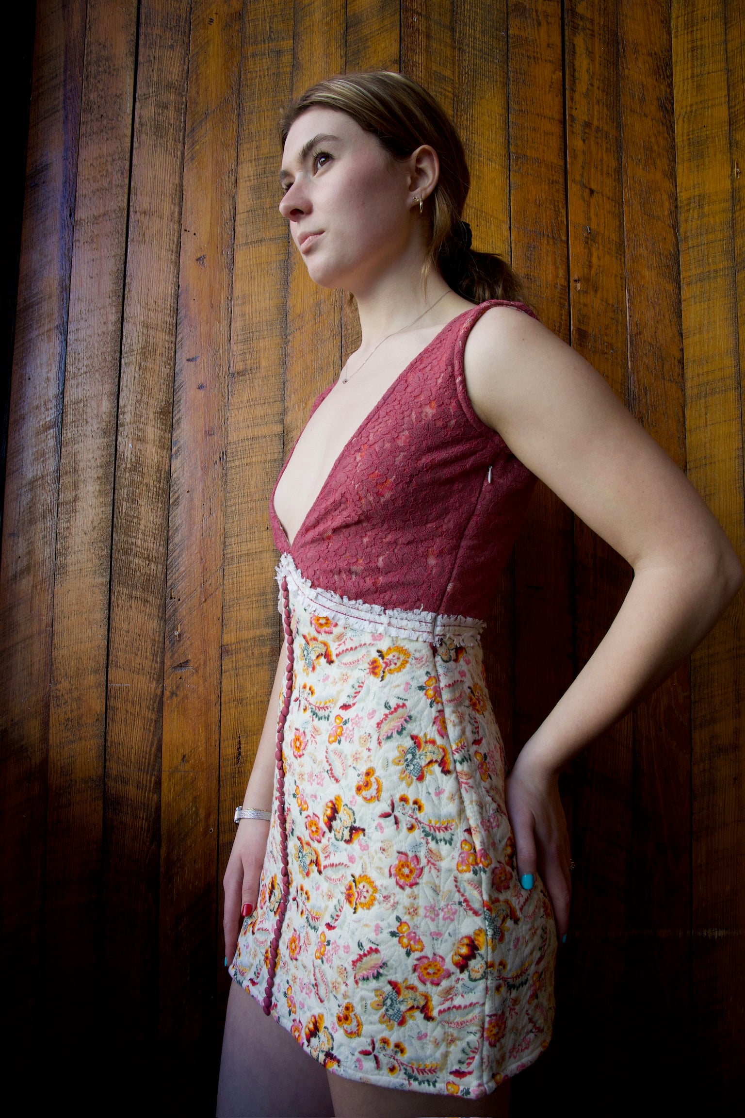 BLOOMINGTON FLORAL LACE MINI BUTTON COCKTAIL DRESS