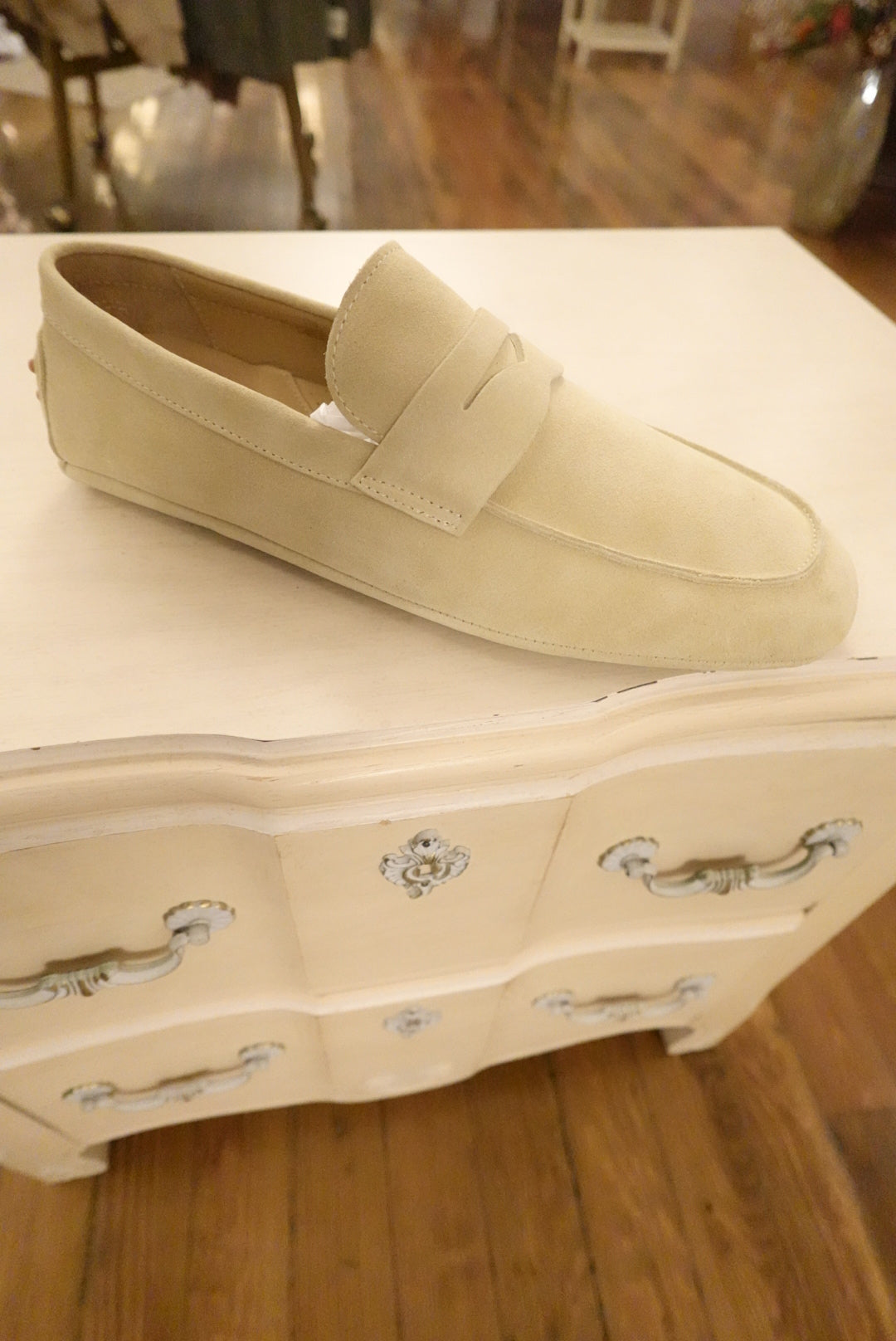 HANDMADE ITALIAN BONE BEIGE TAN/ AMBER POINTS ARTISAN GENUINE SUEDE/ LEATHER LOAFERS