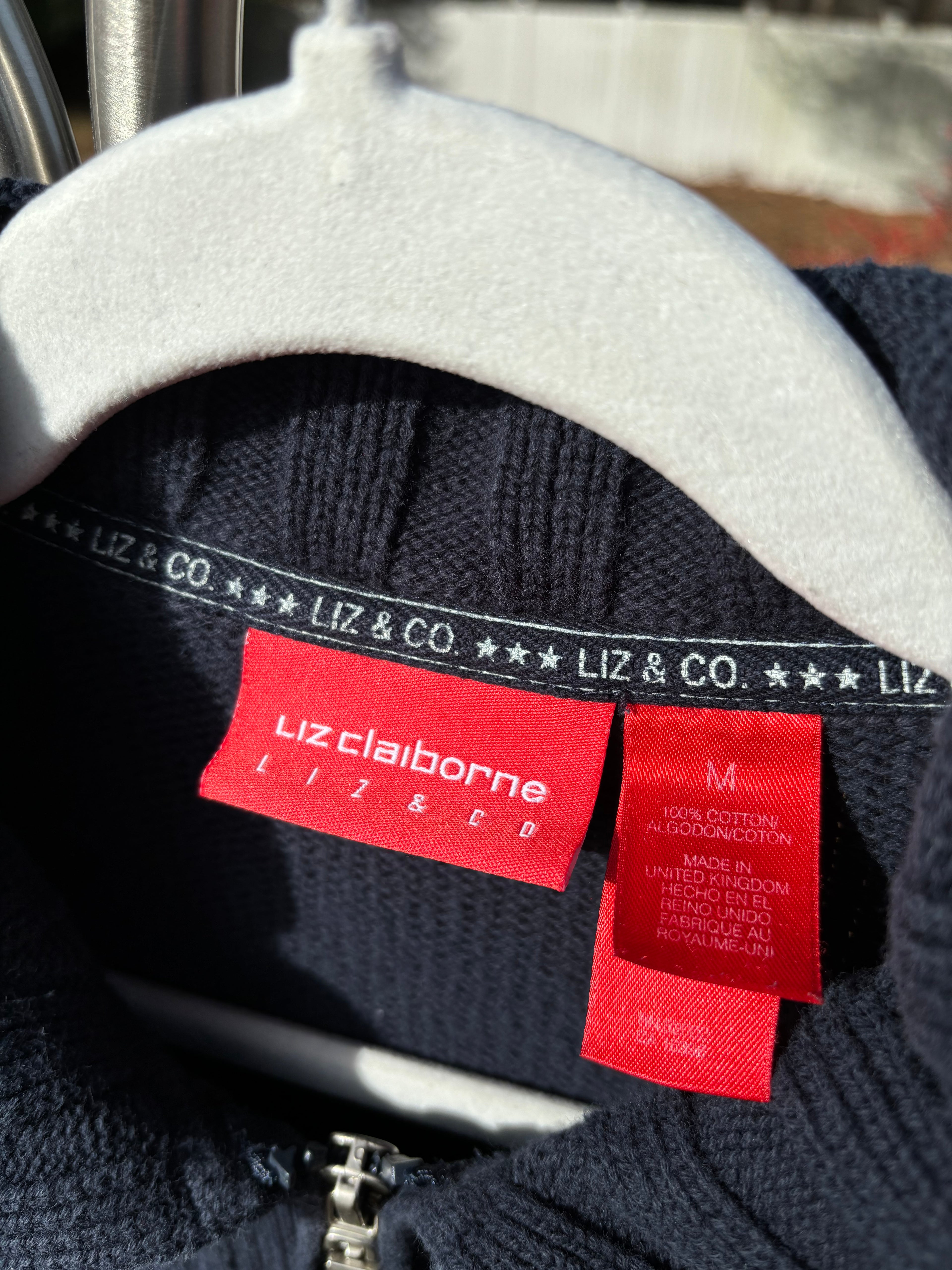 LIZ CLAIBORNE: KNIT COLLARED NAVY SLIGHTLY CROPPED SWEATER JACKET