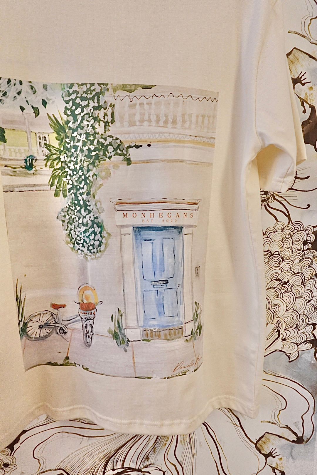 ORGANIC COTTON CREAM SPECKLED D.B. ORIGINAL DOOR WEARABLE ART EMBROIDERED GRAPHIC TSHIRT