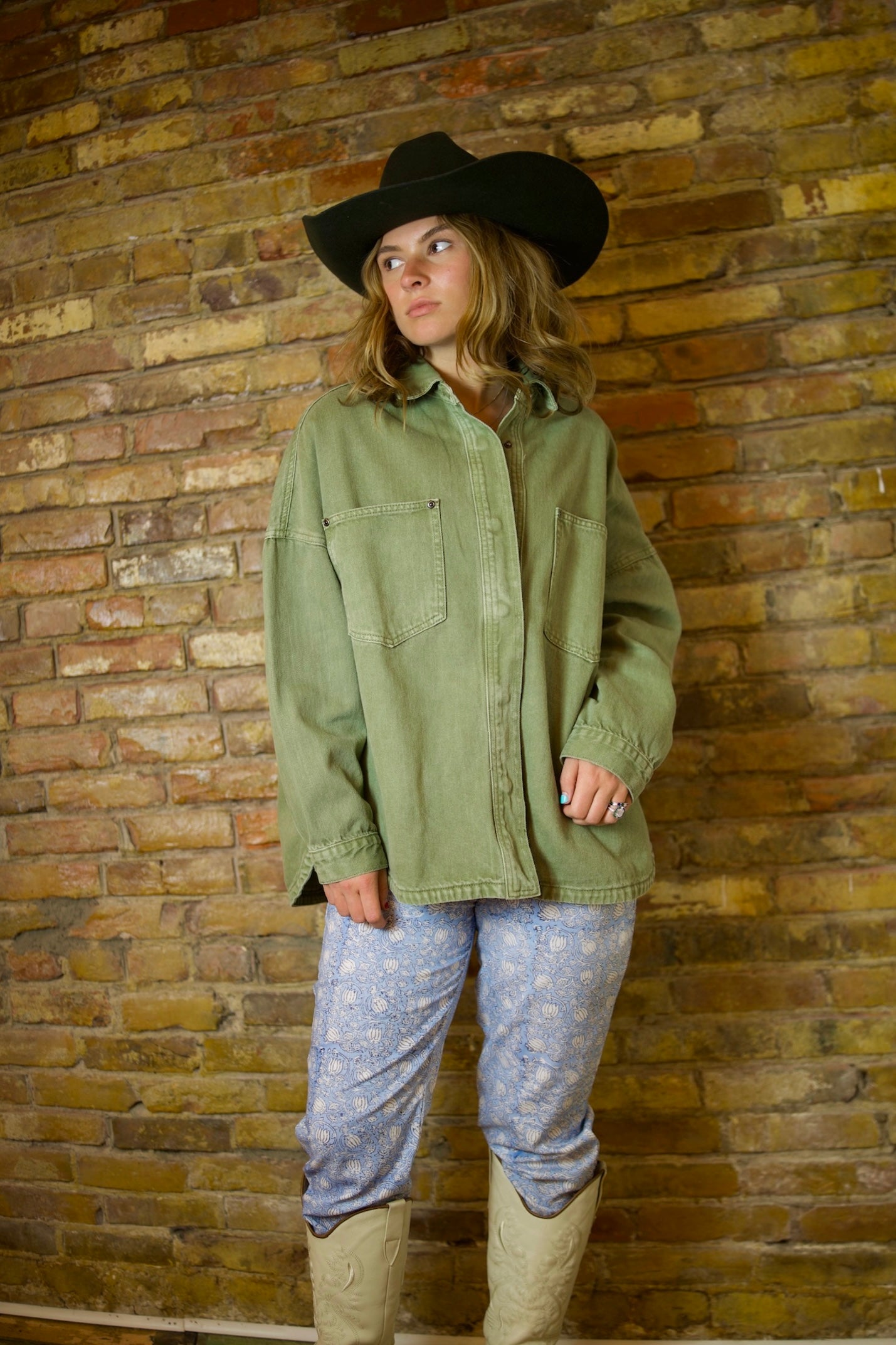 OLIVE DENIM SNAP BUTTON OVERSIZED JACKET
