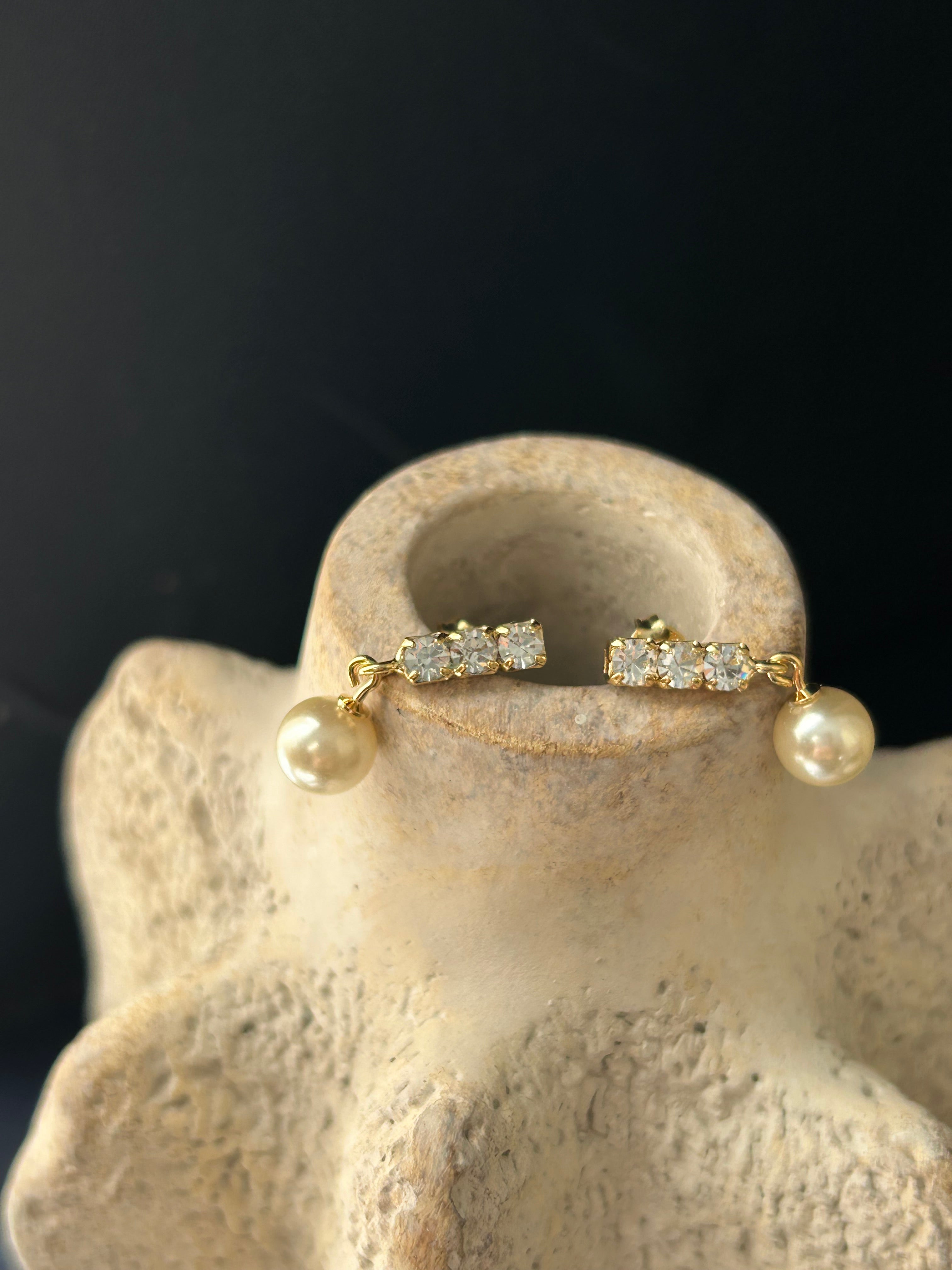 CZ TRIO DIAMOND DROP PERFECT PEARL 14K GOLD FILLED EARRINGS