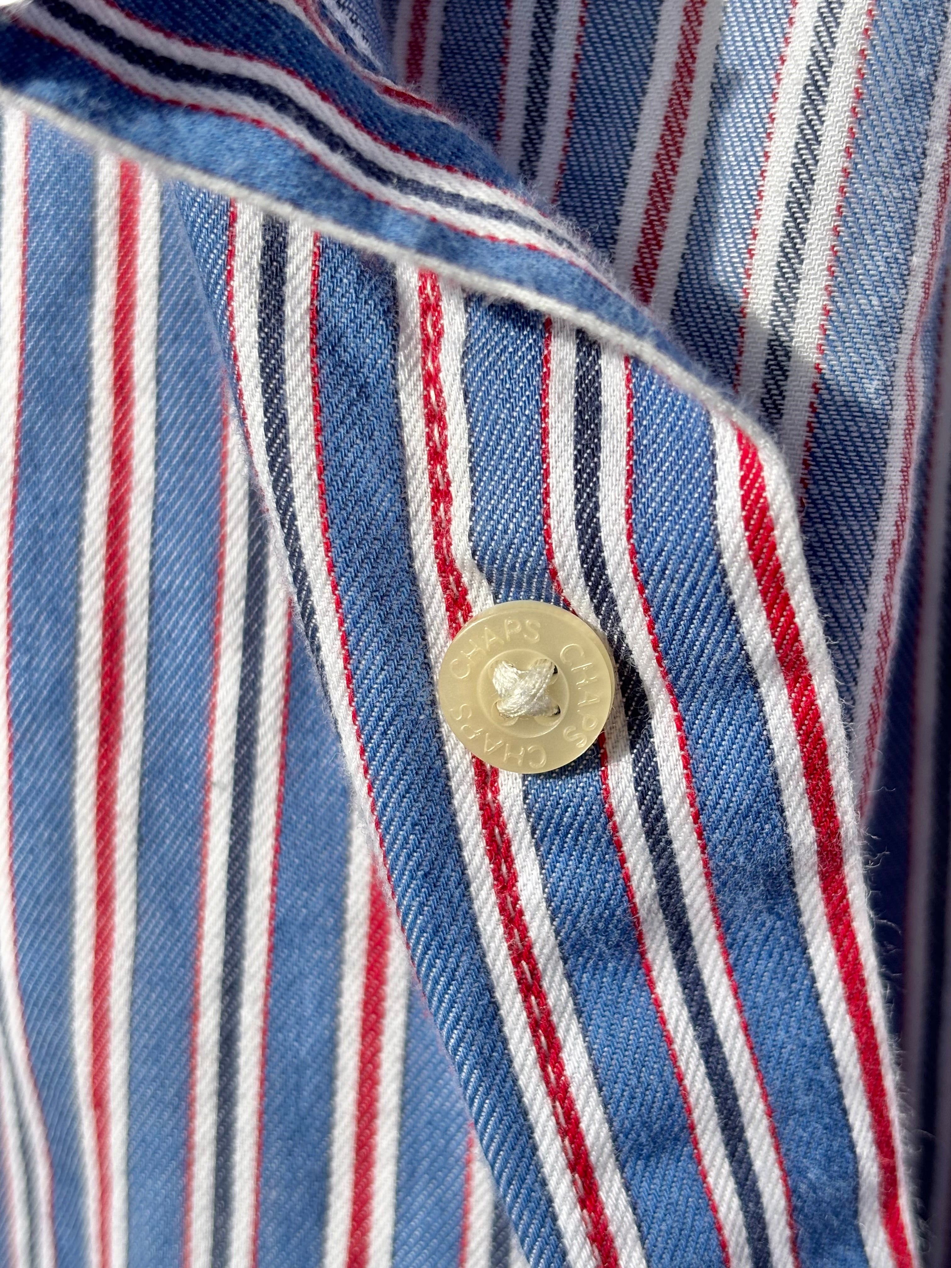 CHAPS: BLUE, WHITE, & RED STRIPED BUTTON DOWN CHAPS: BLUE, WHITE, & RED STRIPED BUTTON DOWN