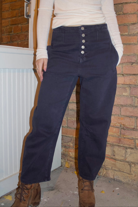 WASHED NAVY BUTTON COTTON DENIM BARREL PANTS