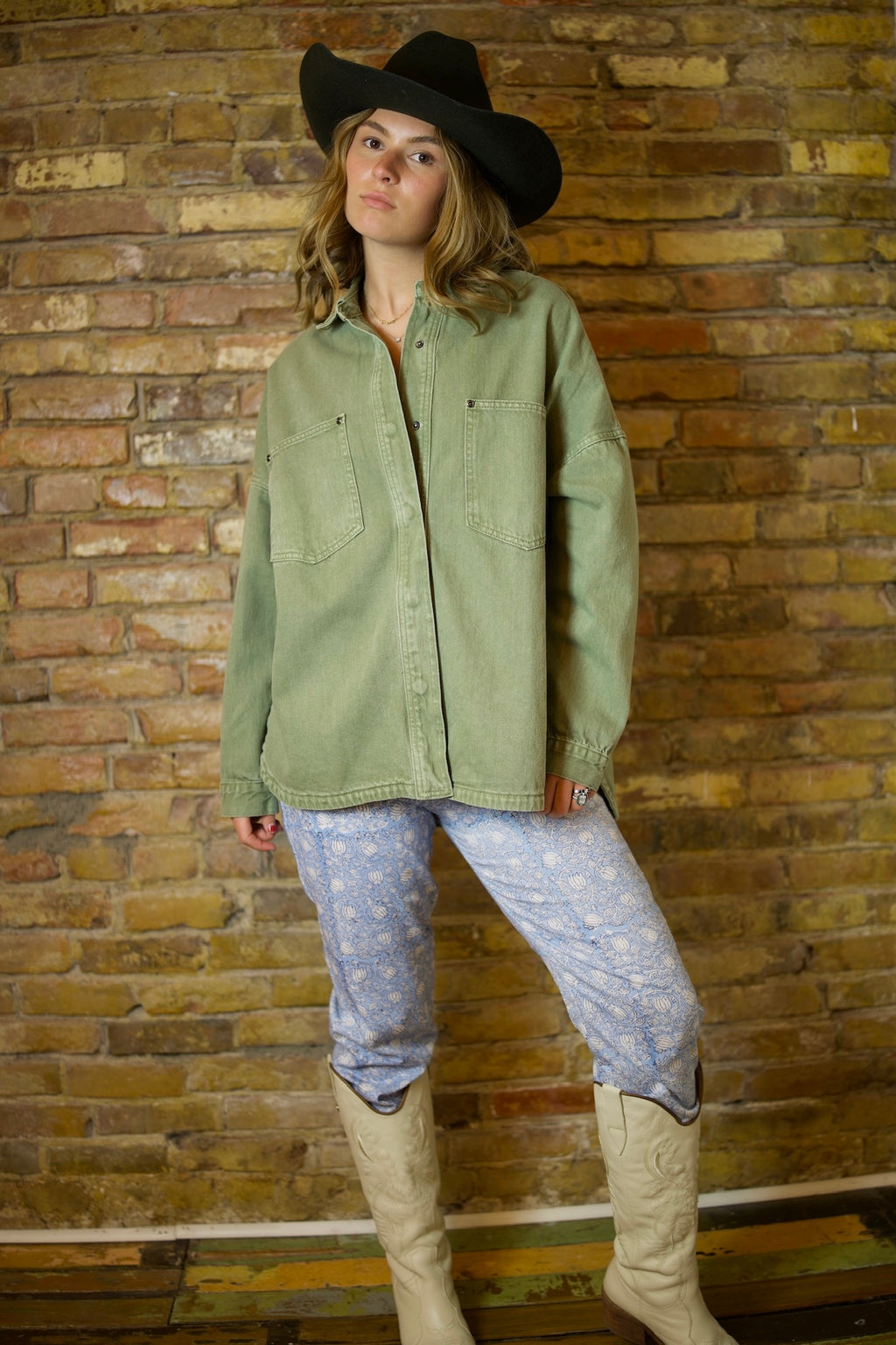 OLIVE DENIM SNAP BUTTON OVERSIZED JACKET