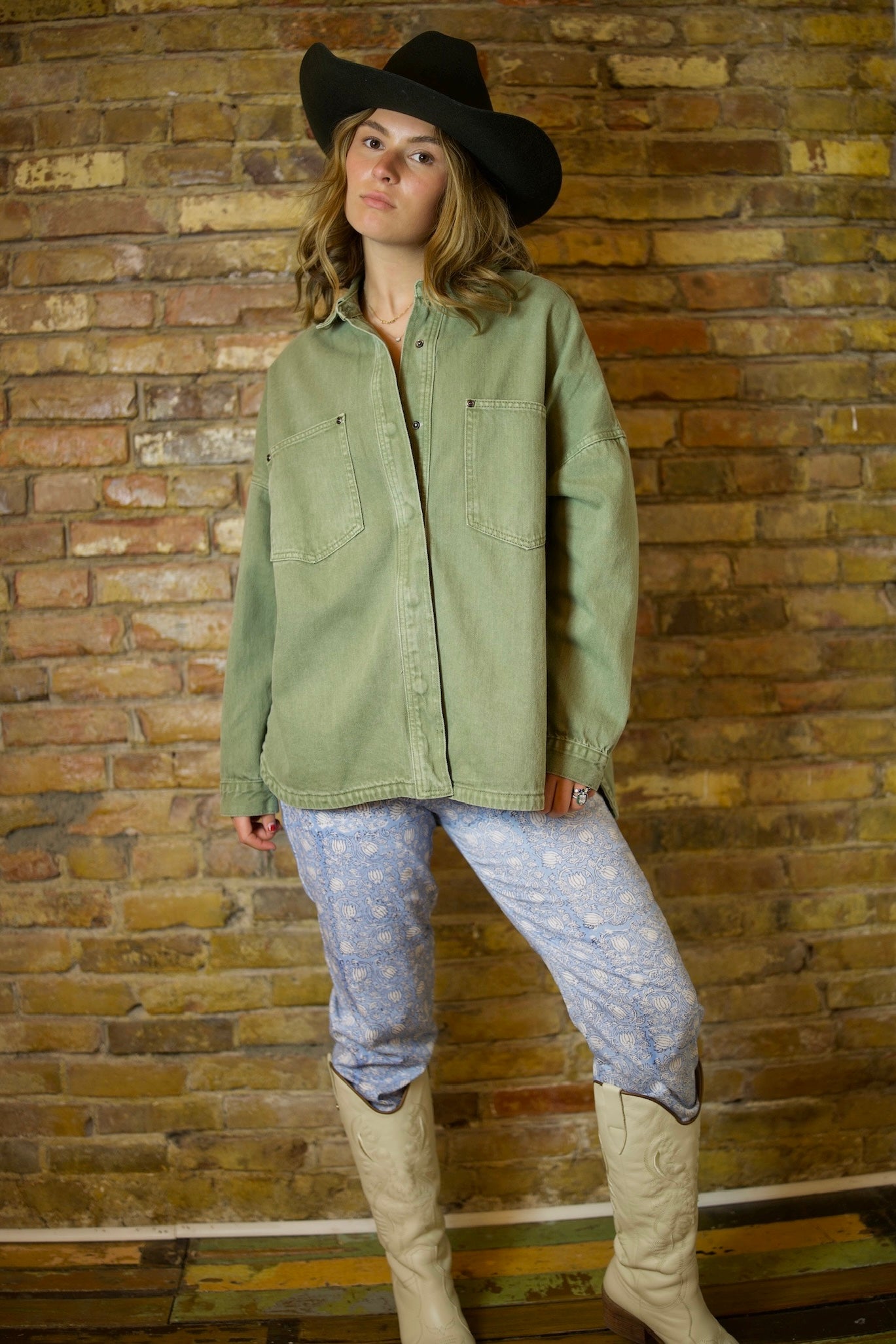 OLIVE DENIM SNAP BUTTON OVERSIZED JACKET