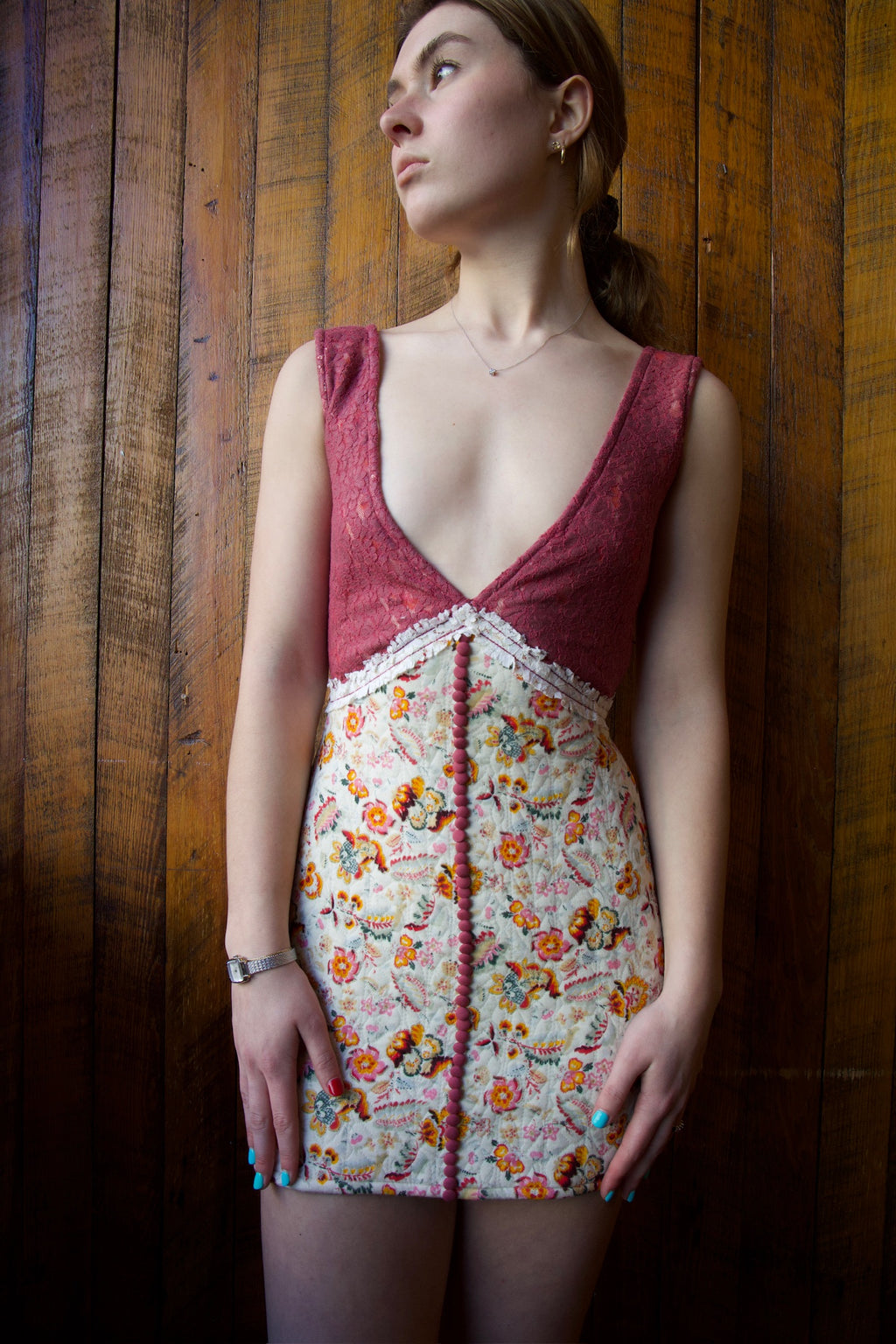 BLOOMINGTON FLORAL LACE MINI BUTTON COCKTAIL DRESS