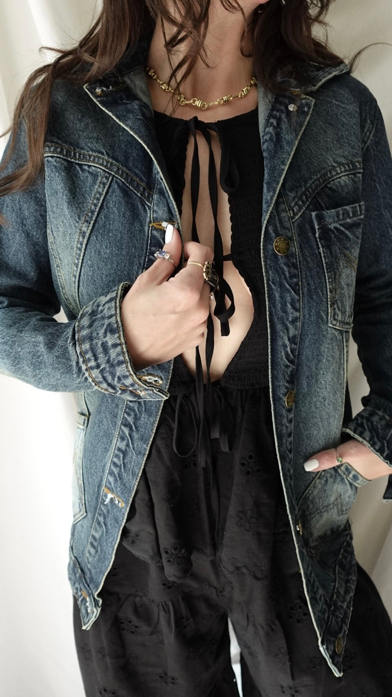 JANE TAILORED LONG DARK VINTAGE WASH BRUSHED GOLD DETAILED DENIM JACKET