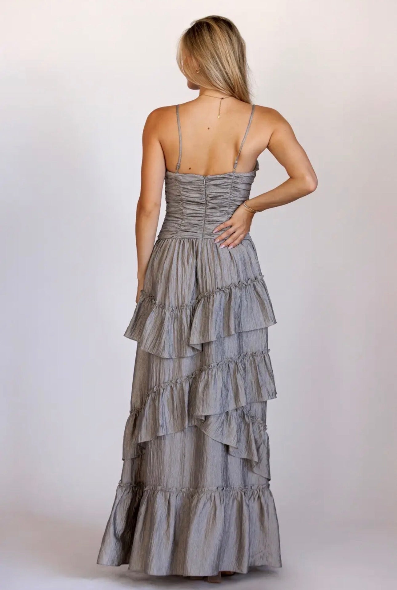 CRINKLE TIERED GRAY SILVER MAXI DRESS