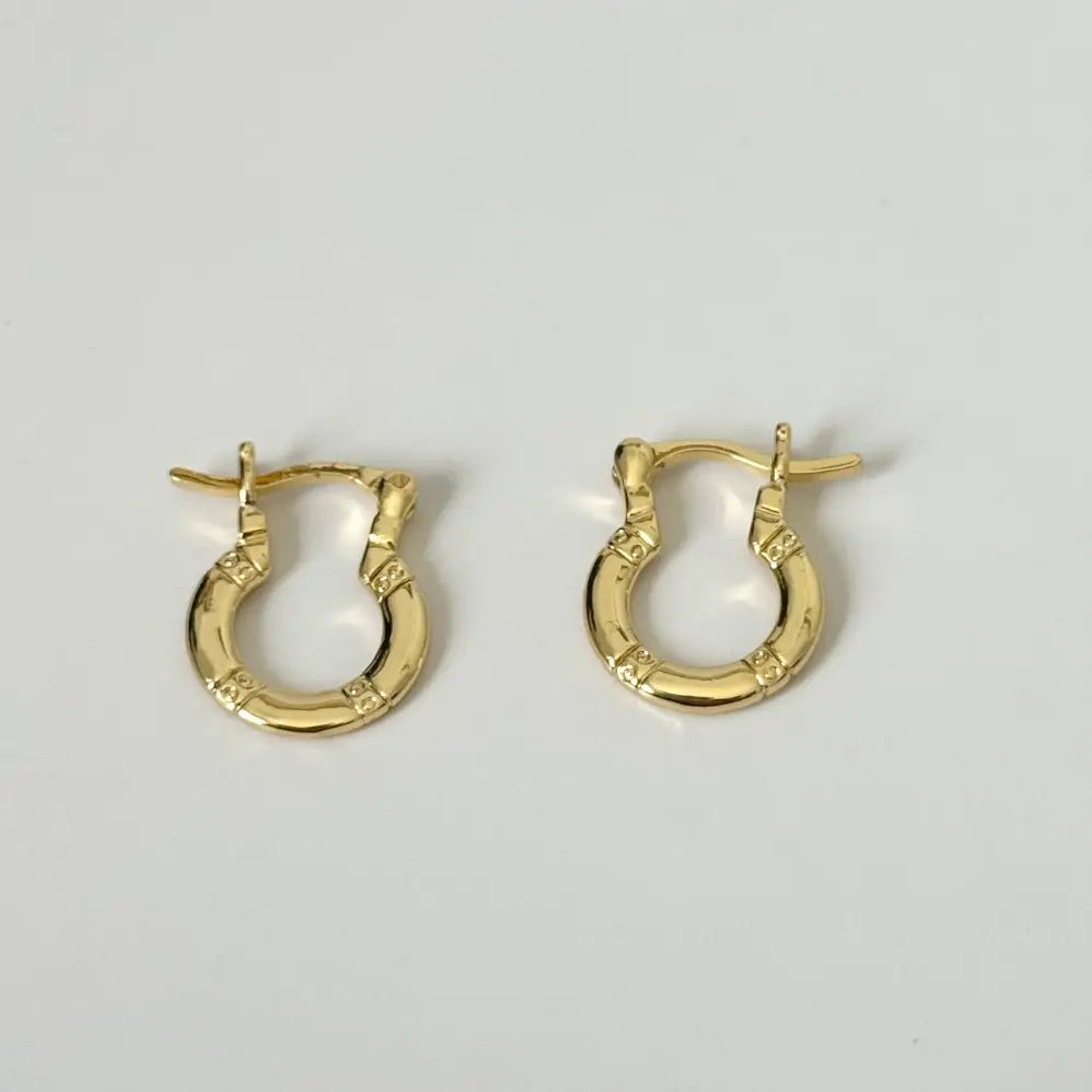 Pair of gold hoop earrings on a light gray background