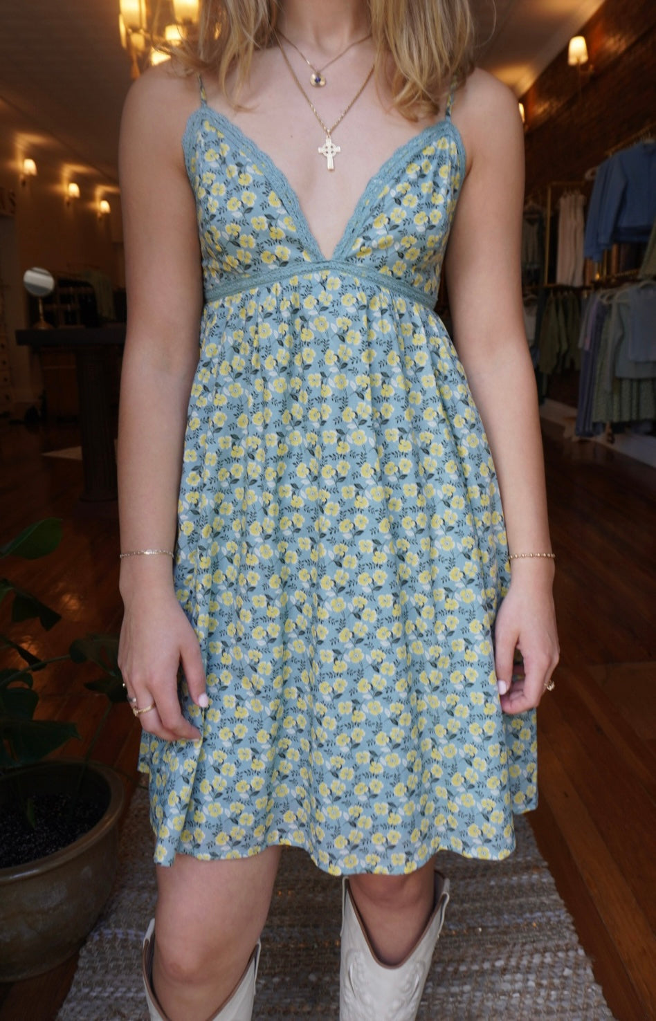 LEMON BLUE BABYDOLL FLORAL V-NECK MINI DRESS