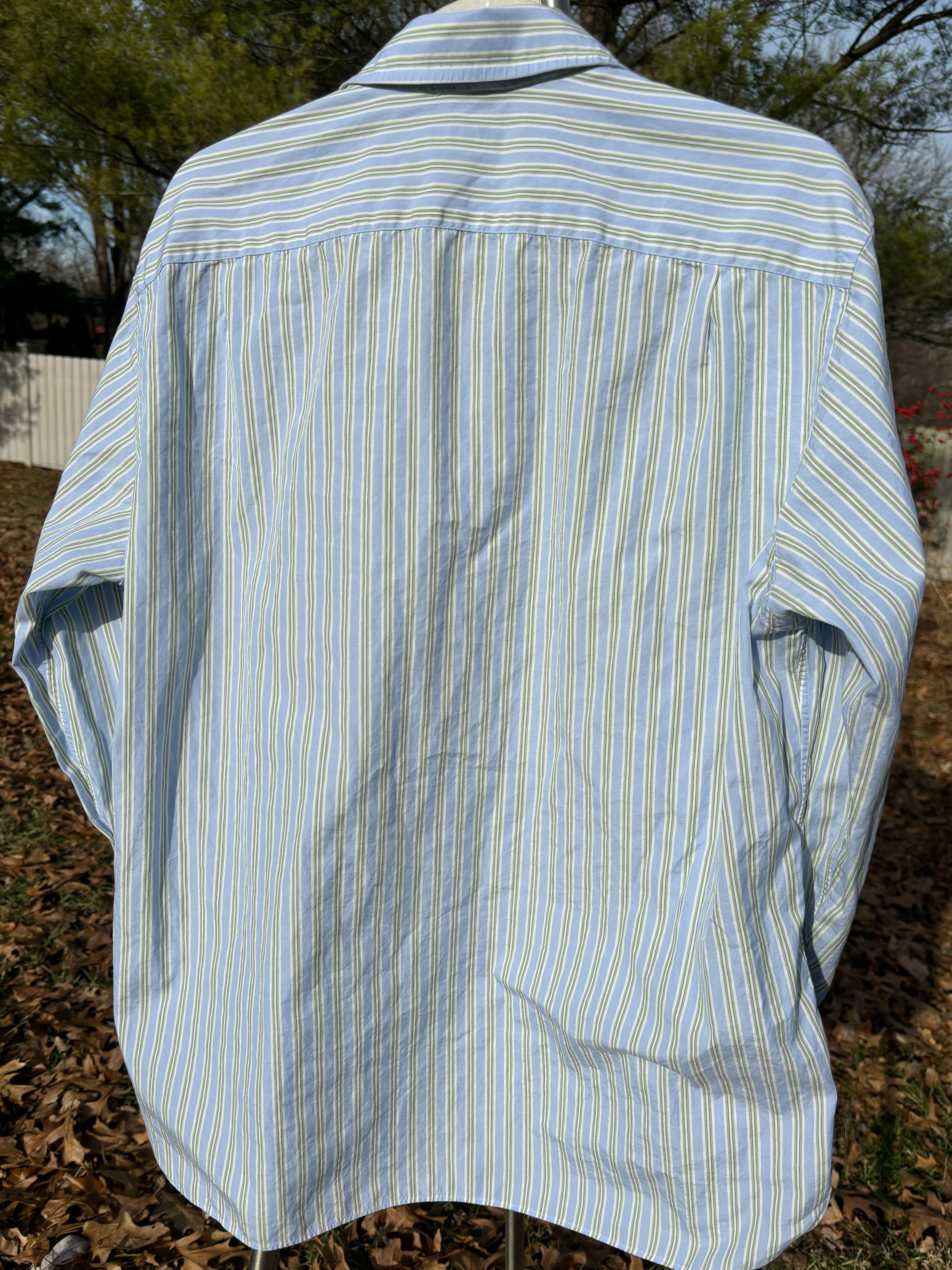 J CREW: PALE BLUE & LIGHT GREEN STRIPED BUTTON DOWN