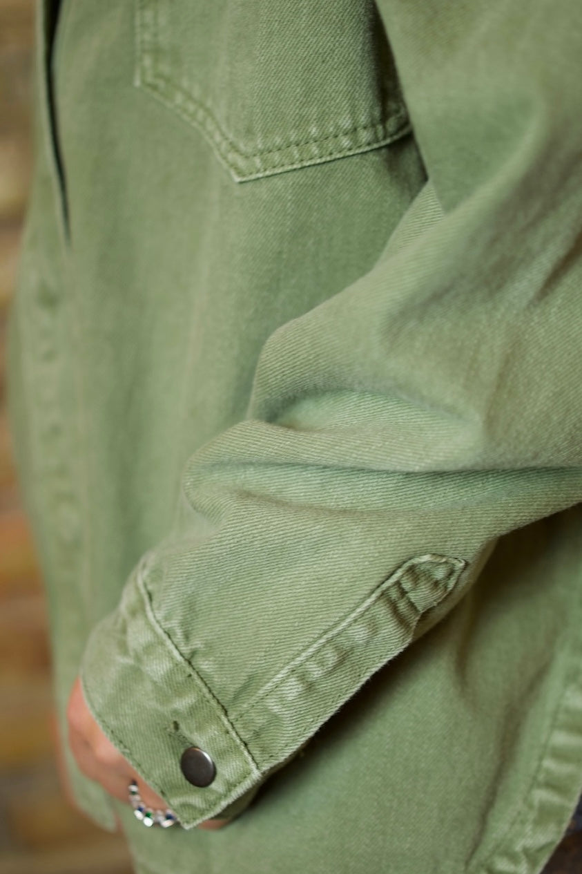 OLIVE DENIM SNAP BUTTON OVERSIZED JACKET