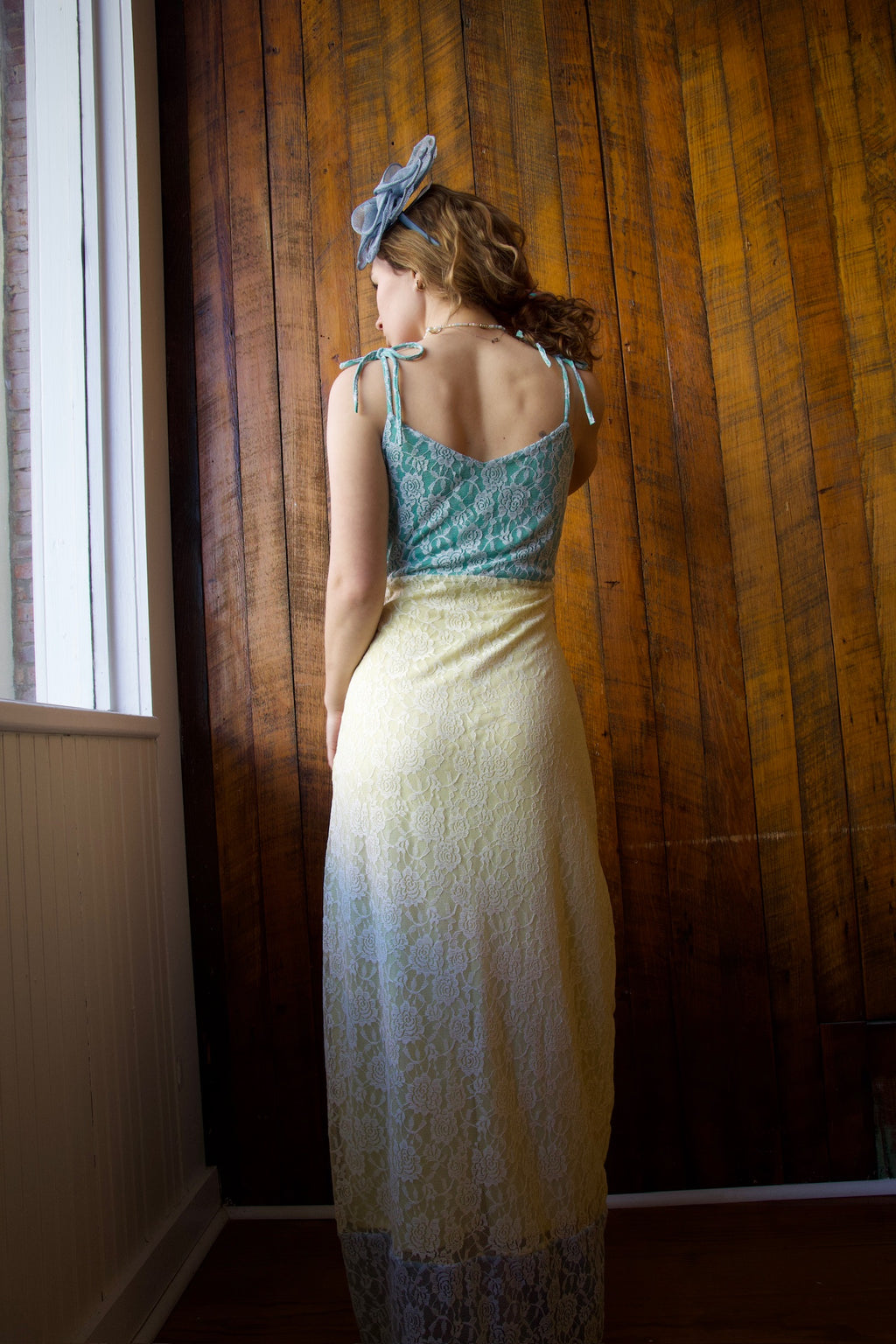 CELESTE AURORA PALE YELLOW & BLUE LACE DRESS