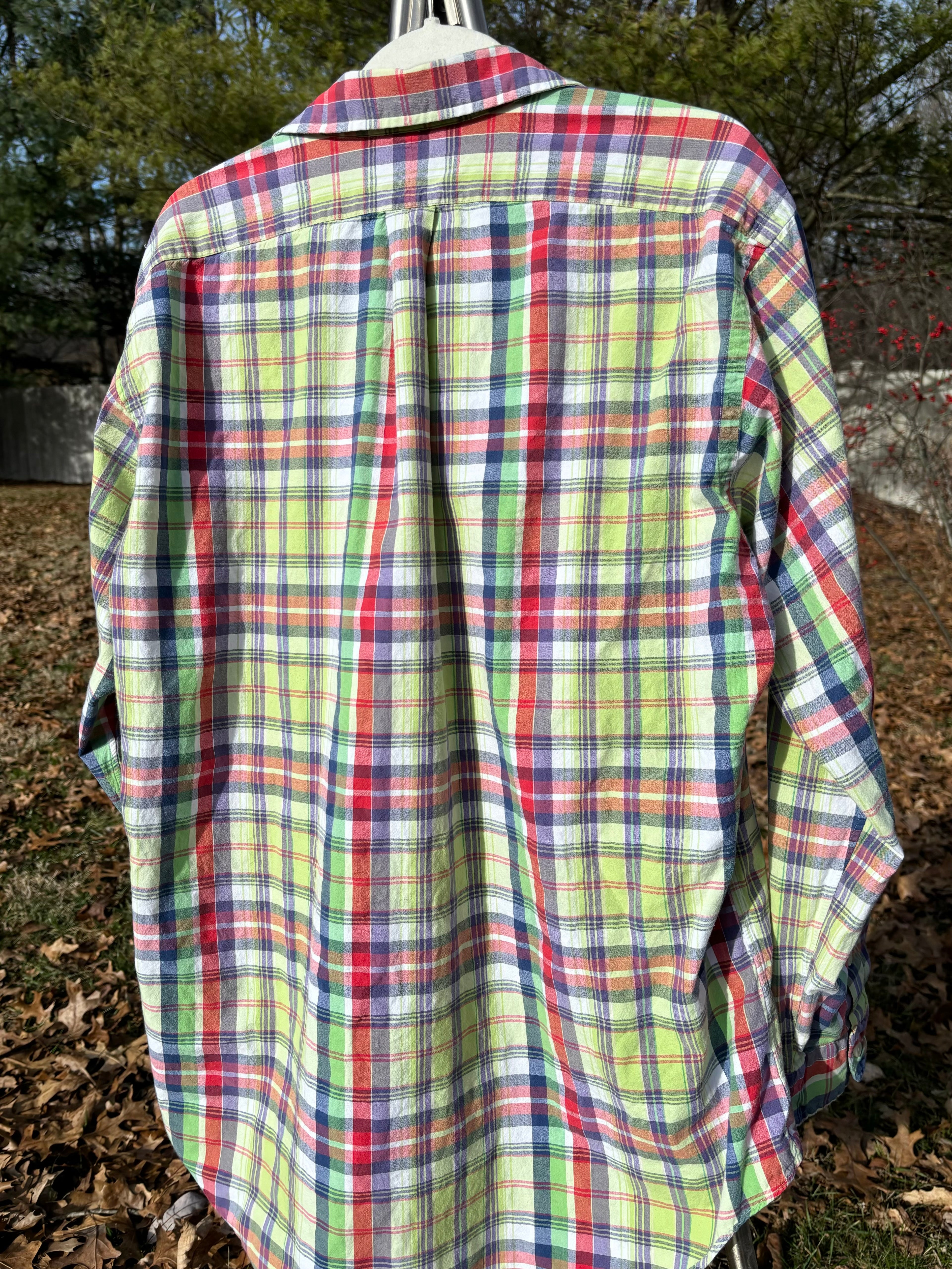 RALPH LAUREN: CHARTREUSE & RED MULTI COLOR PLAID BUTTON DOWN