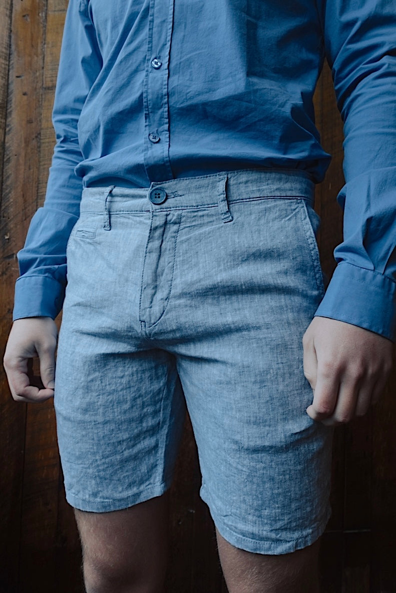 PALE BLUE LINEN SLIM FIT SHORTS