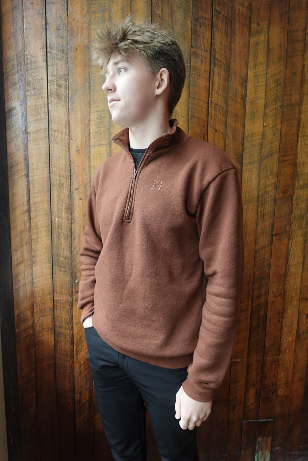 EMBROIDERED "M" BROWN MONOCHROME FLEECE QUARTER ZIP