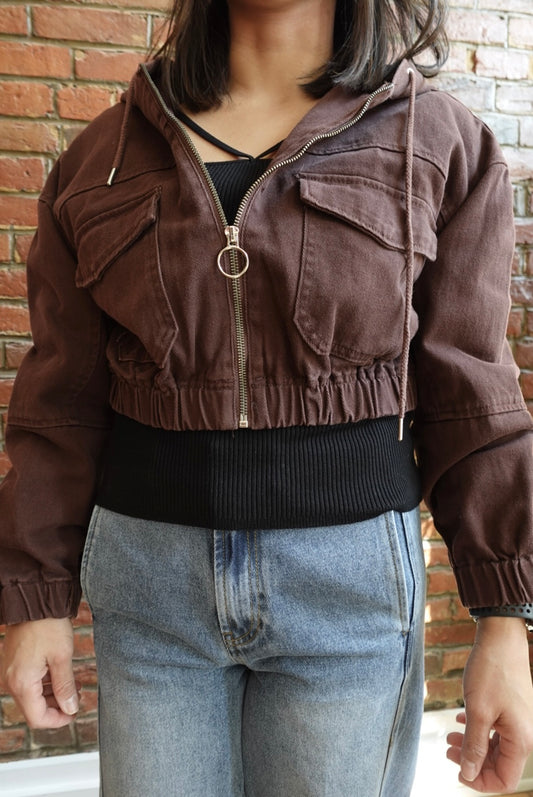 LOLA DENIM CROPPED DARK BROWN JACKET