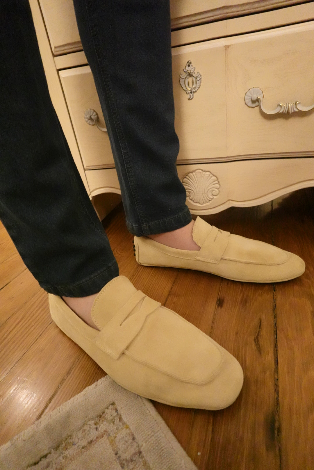 HANDMADE ITALIAN BONE BEIGE TAN/ AMBER POINTS ARTISAN GENUINE SUEDE/ LEATHER LOAFERS