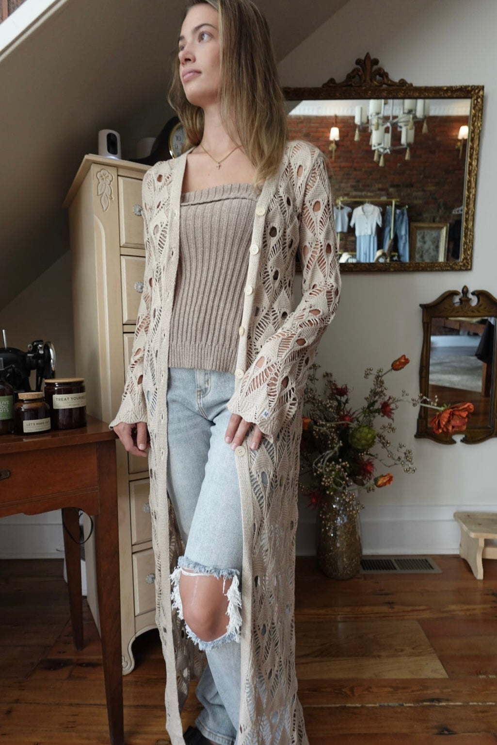 KNIT BUTTON DOWN NATURAL TAN KIMONO DUSTER