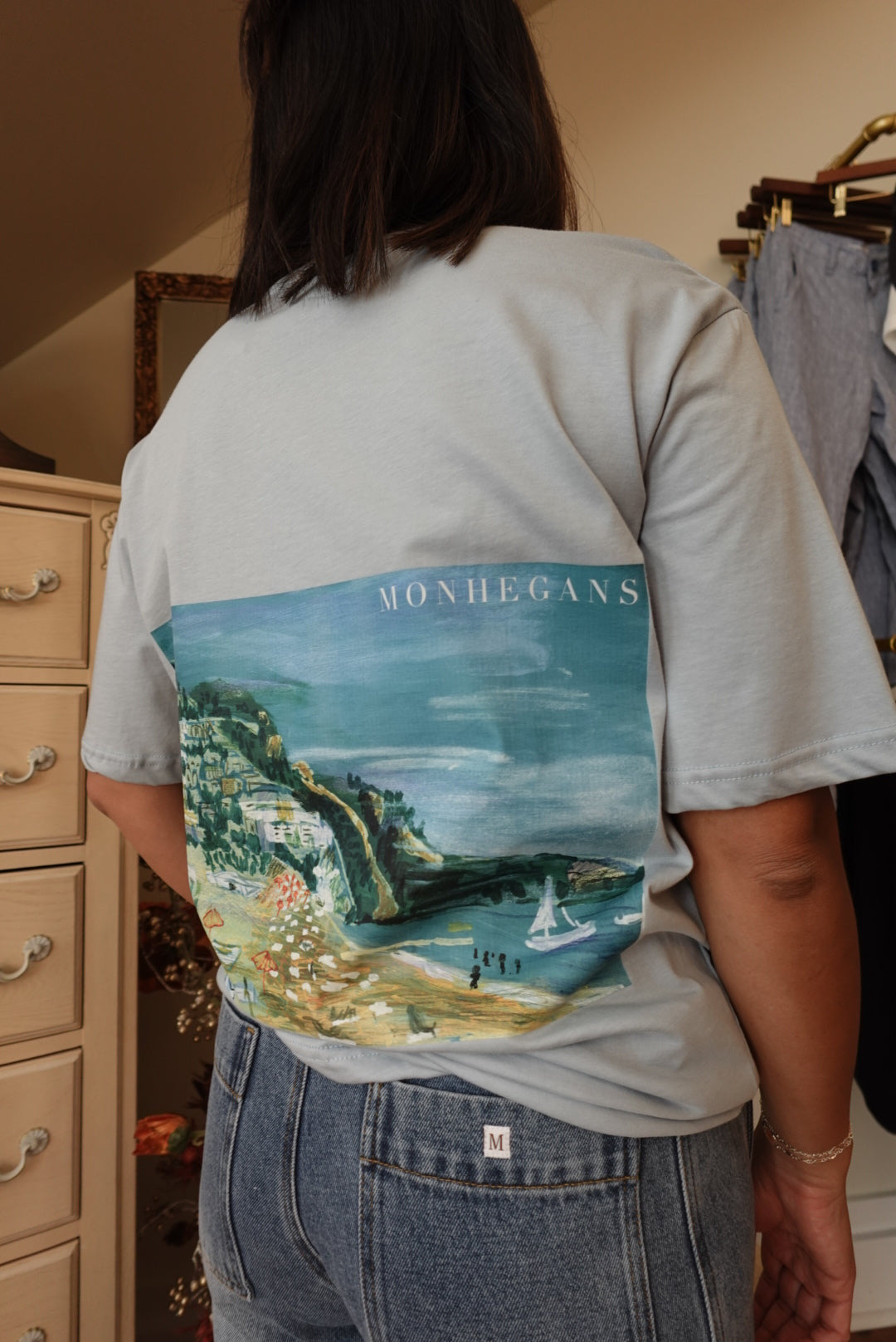 ORGANIC COTTON PALE BLUE D.B. ORIGINAL COASTAL WEARABLE ART EMBROIDERED GRAPHIC TSHIRT