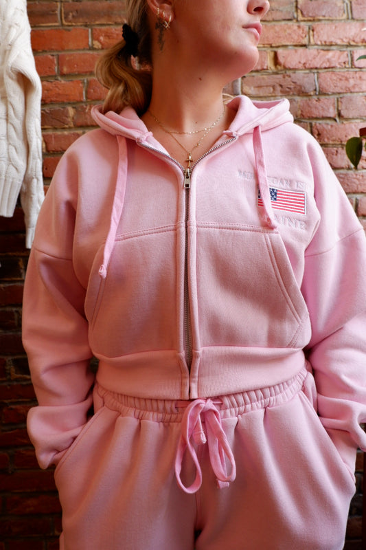 BOXY CROPPED ZIP UP FLEECE MONHEGAN ISLAND MAINE FLAG BABY PINK JACKET