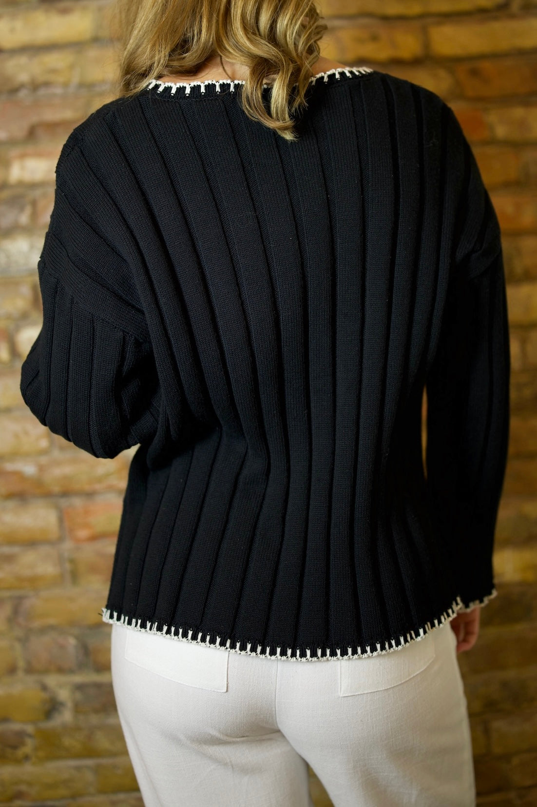 Versatile Nior Wide Rib Sweater in cotton with textured ribbing, featuring white/off-white crochet stitching for a nautical-inspired look