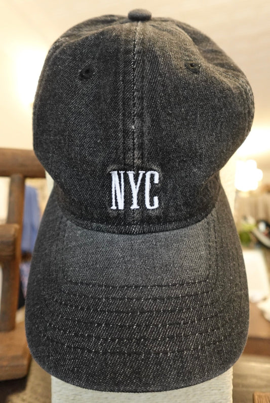 VINTAGE WASH BLACK DENIM EMBROIDERED NYC UNISEX BASEBALL HAT