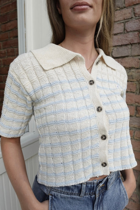 NATURAL BLUE & CREAM BUTTON DOWN STRIPED COLLARED SWEATER