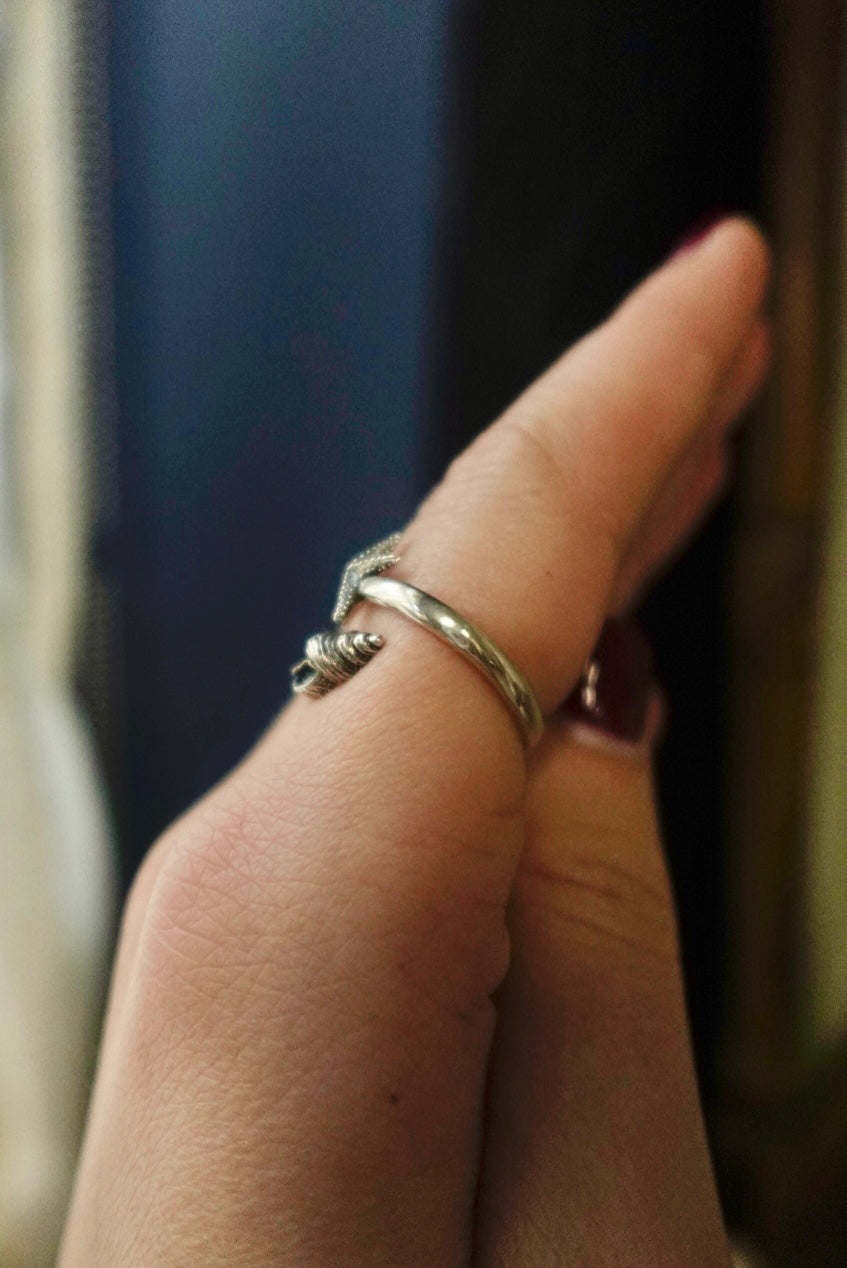 Hand wearing a silver ring with a blurred background