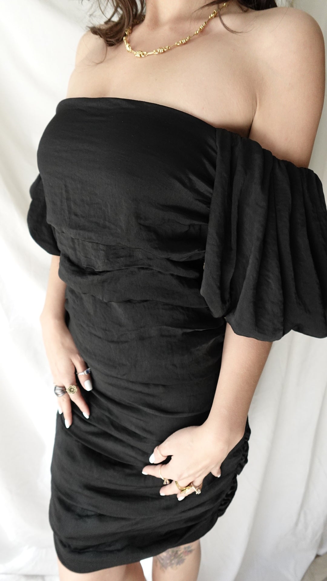 black rouched mini dress satin