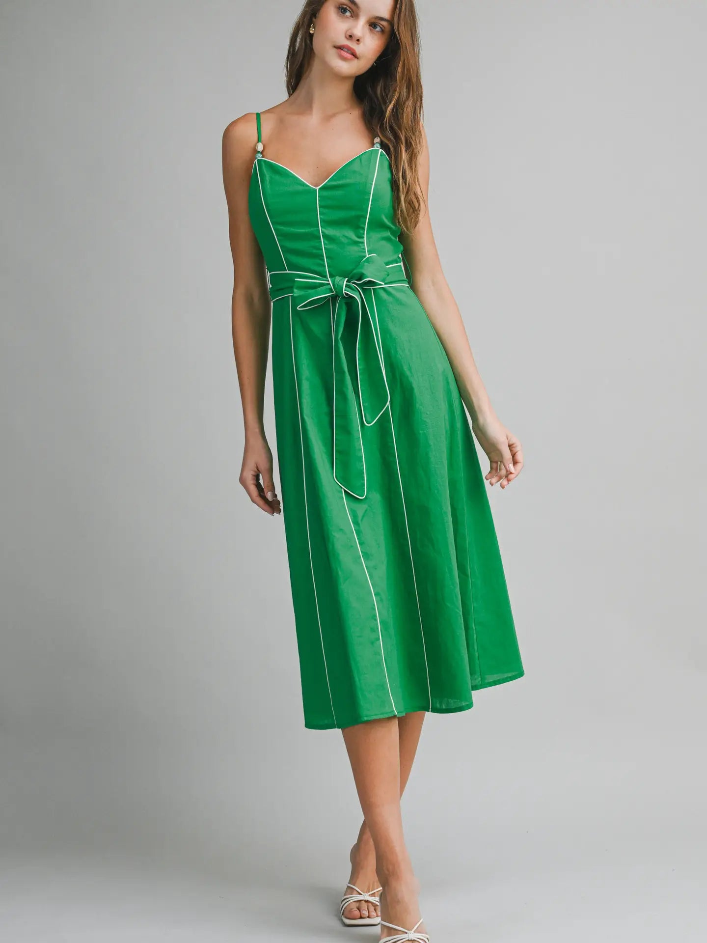 kelly green dress women KELLY HUNTER GREEN PIPED LINEN COTTON TIE MIDI DRESS