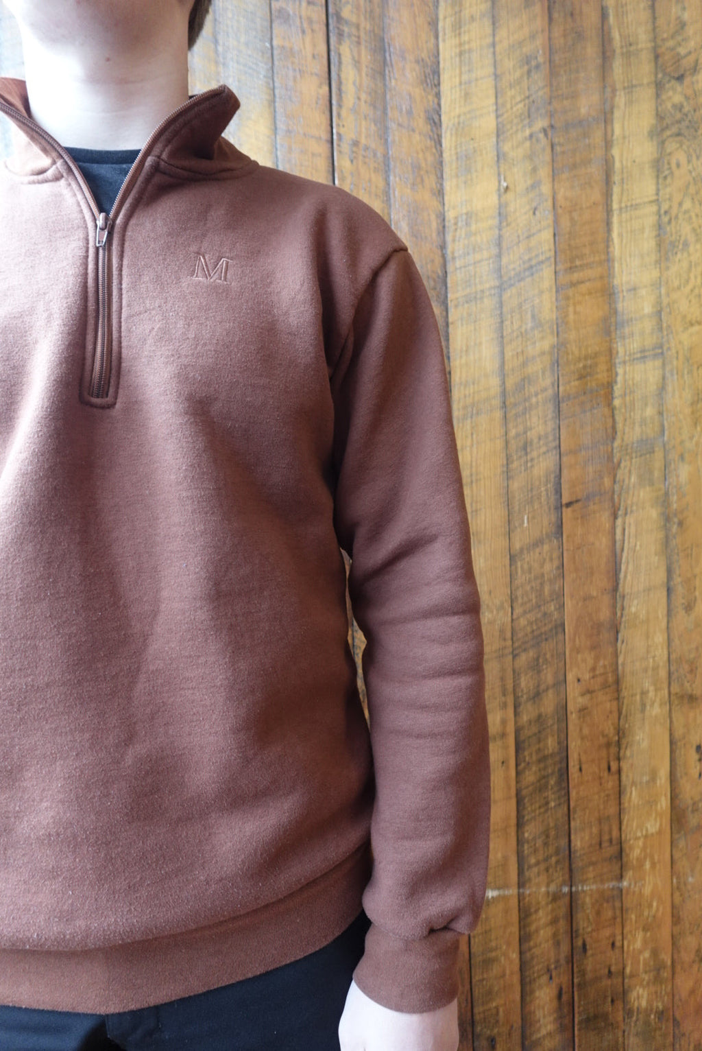 EMBROIDERED "M" BROWN MONOCHROME FLEECE QUARTER ZIP