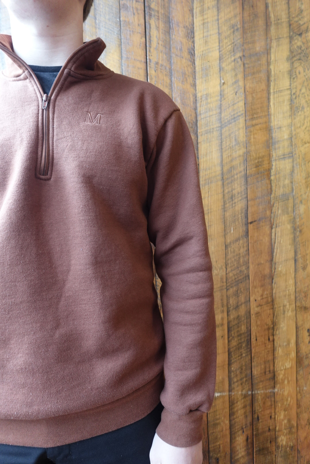EMBROIDERED "M" BROWN MONOCHROME FLEECE QUARTER ZIP