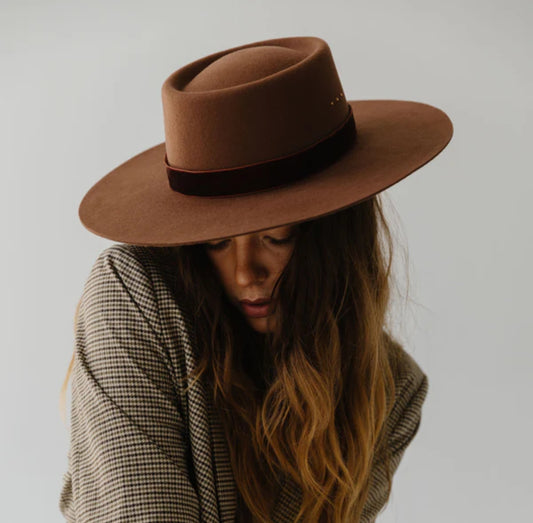 brown brimmed hat boater