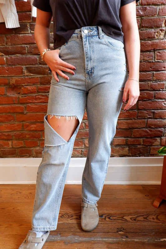 RACHEL MINIMAL RIPPED HIGH WAIST STRAIGHT LEG JEANS