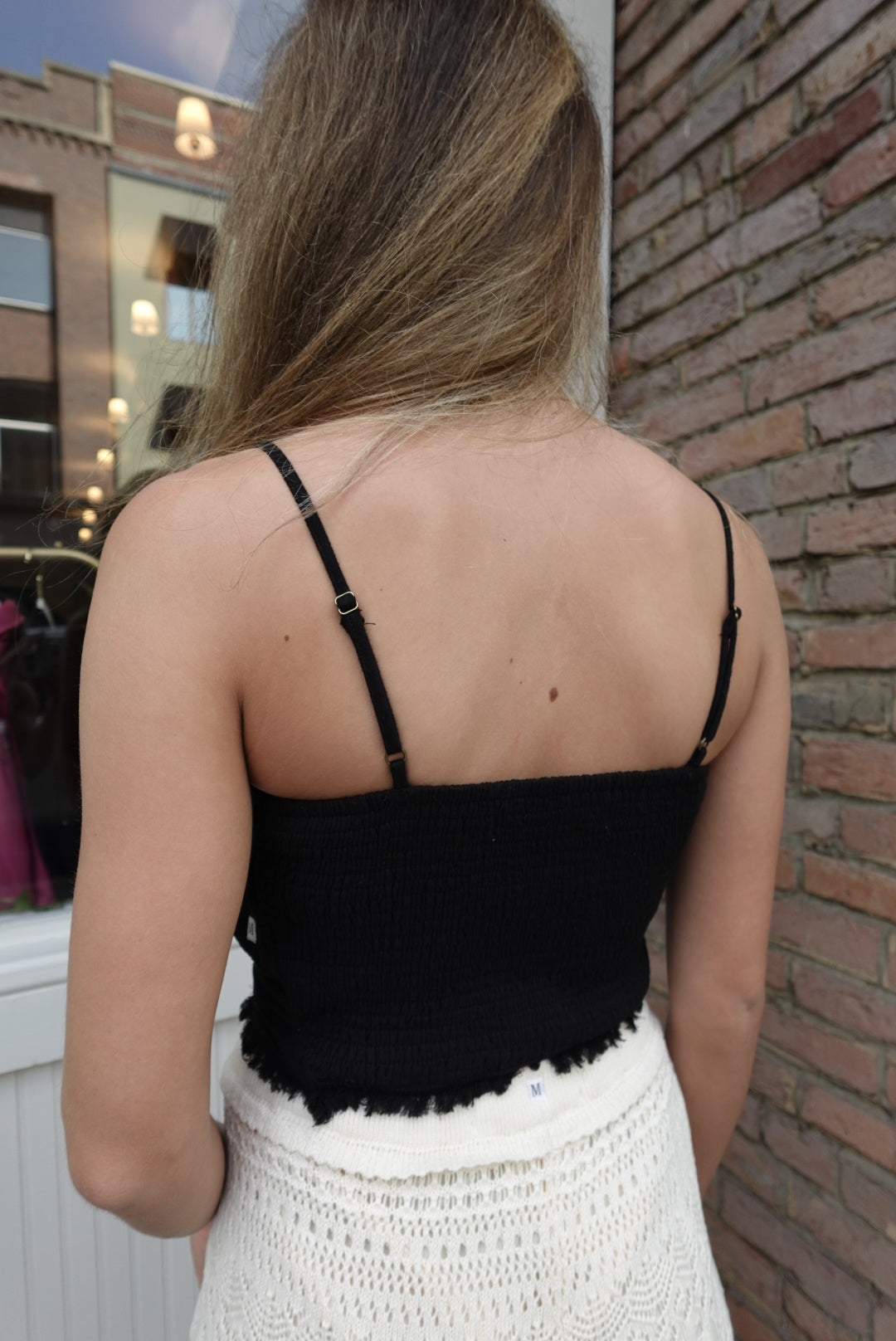 BLACK COTTON GAUZE FRONT TIE BACK SMOCKED SHORT TOP