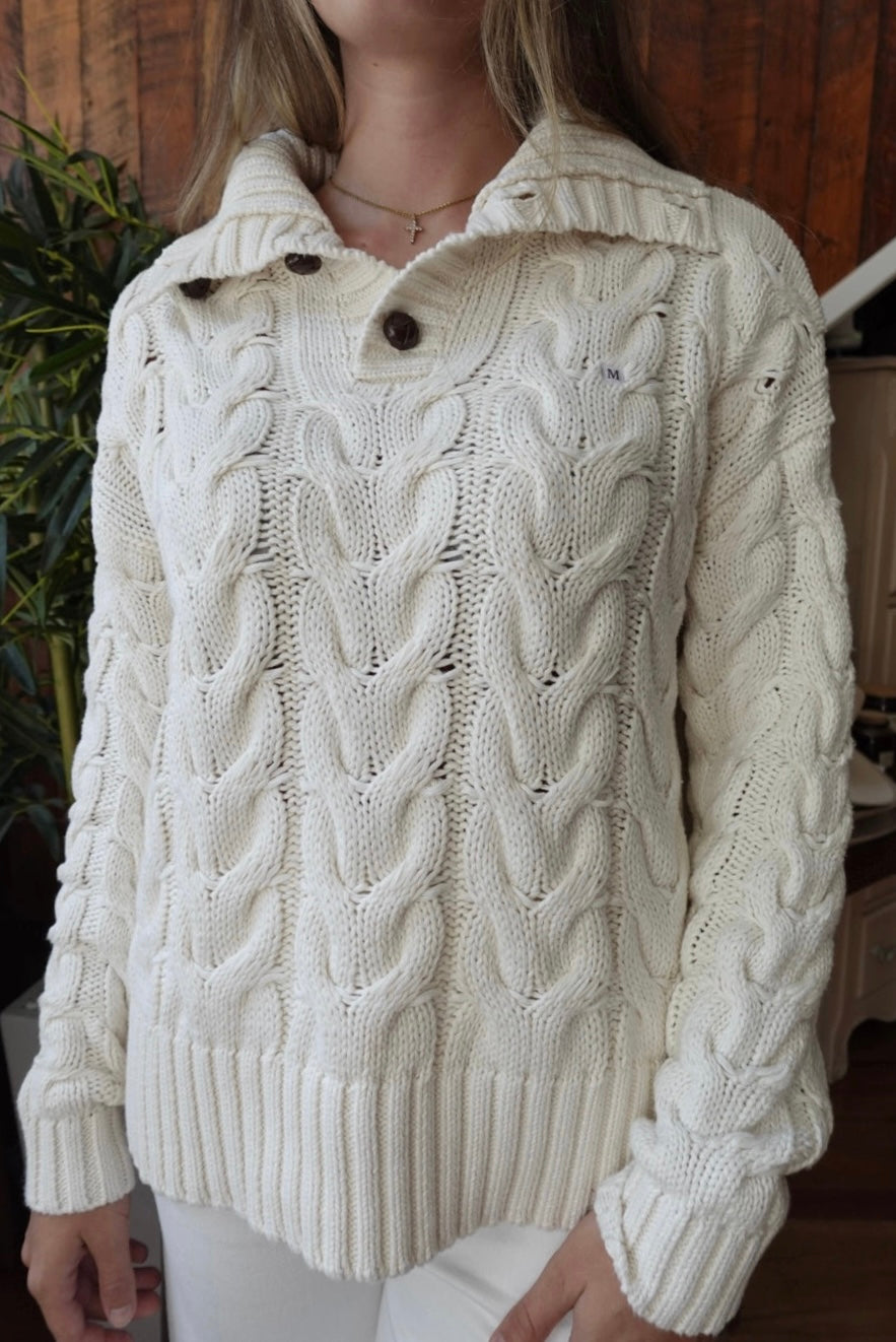 CREAM BUTTON CHUNKY SWEATER SHAWL TOP