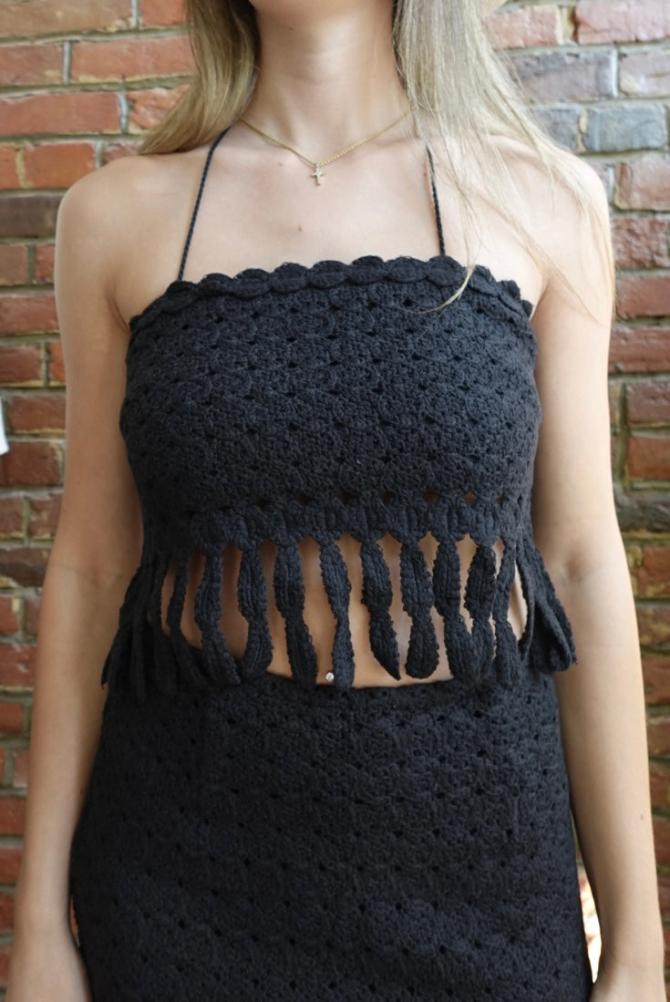 KNIT CROCHET CROPPED FRINGE HALTER TUBE/ HALTER TOP